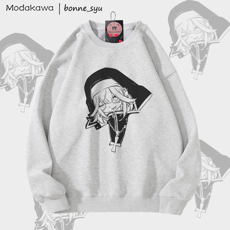 MODAKAWA X bonne_syu Gothic Nun Graphic Unisex Sweatshirt - Grey - 5XL - image 3
