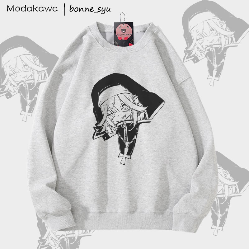 MODAKAWA X bonne_syu Gothic Nun Graphic Unisex Sweatshirt - Grey - 5XL - image 3