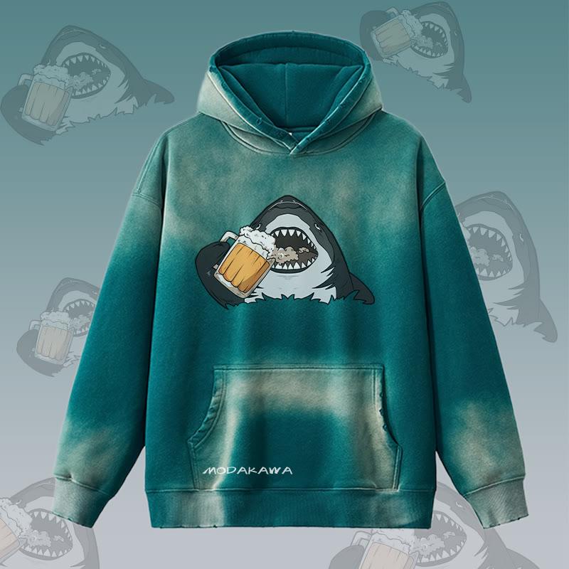 MODAKAWA Hoodie mit Hai-Bier-Motiv, Vintage-Waschung, Fleece-Futter - Green - 2XL - image 3