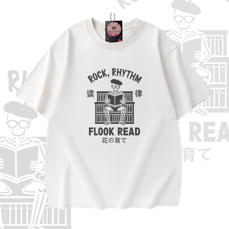 ROCK RHYTHM FLOOK READ Skeleton Graphic Modakawa Vintage Washed 100% Cotton T-Shirt - White - 5XL - image 2