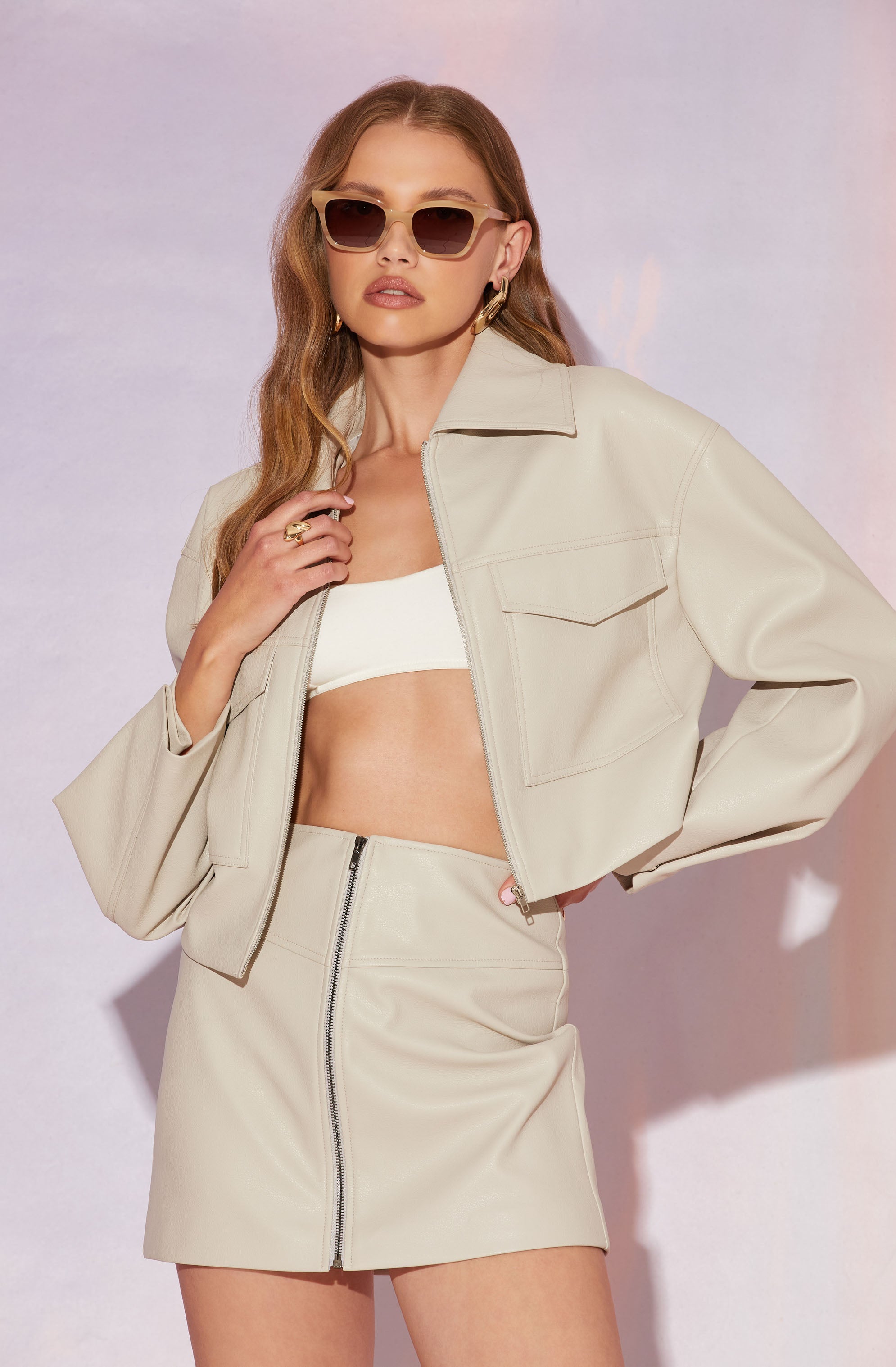 Tracy Faux Leather Cropped Cargo Jacket-Aljck