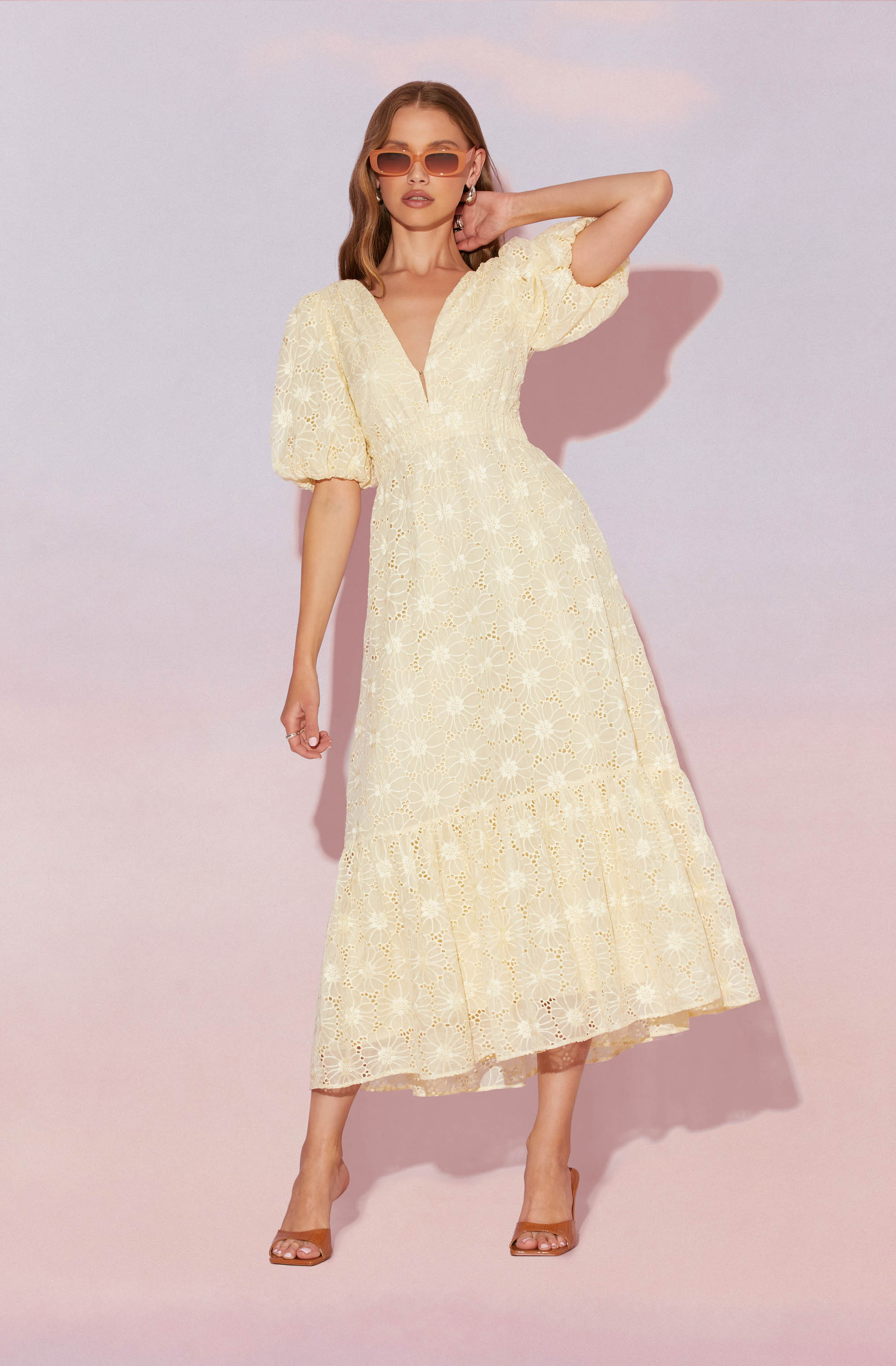 Jaxine Eyelet Puff Sleeve Open Back Midi Dress-Aljck