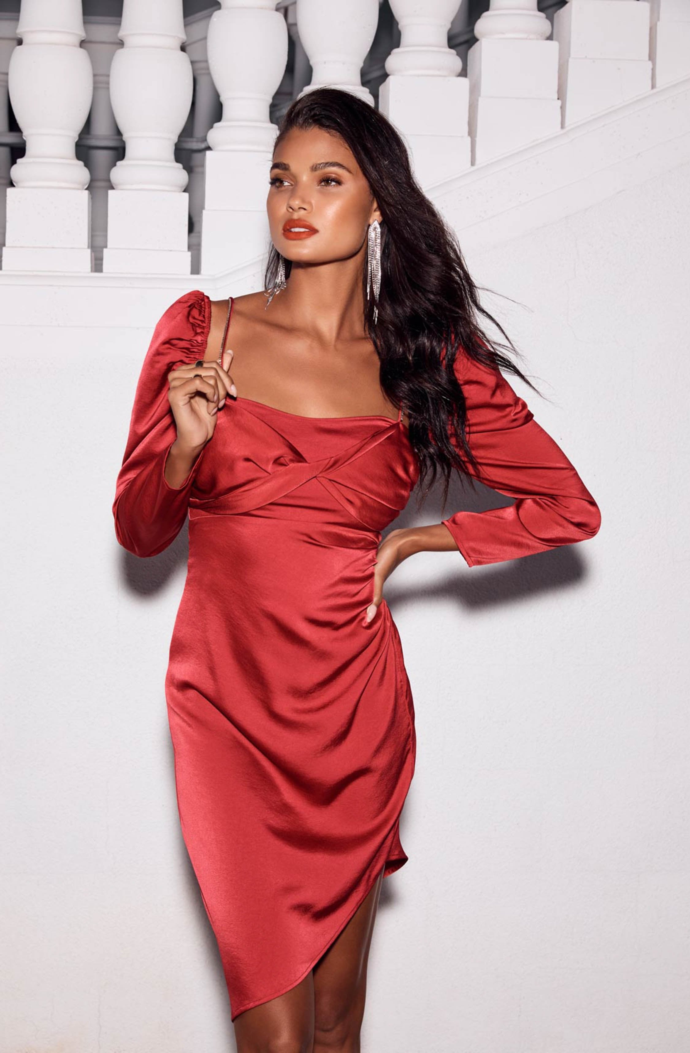 Claudina Rhinestone Embellished Satin Long Sleeve Midi Dress-Aljck