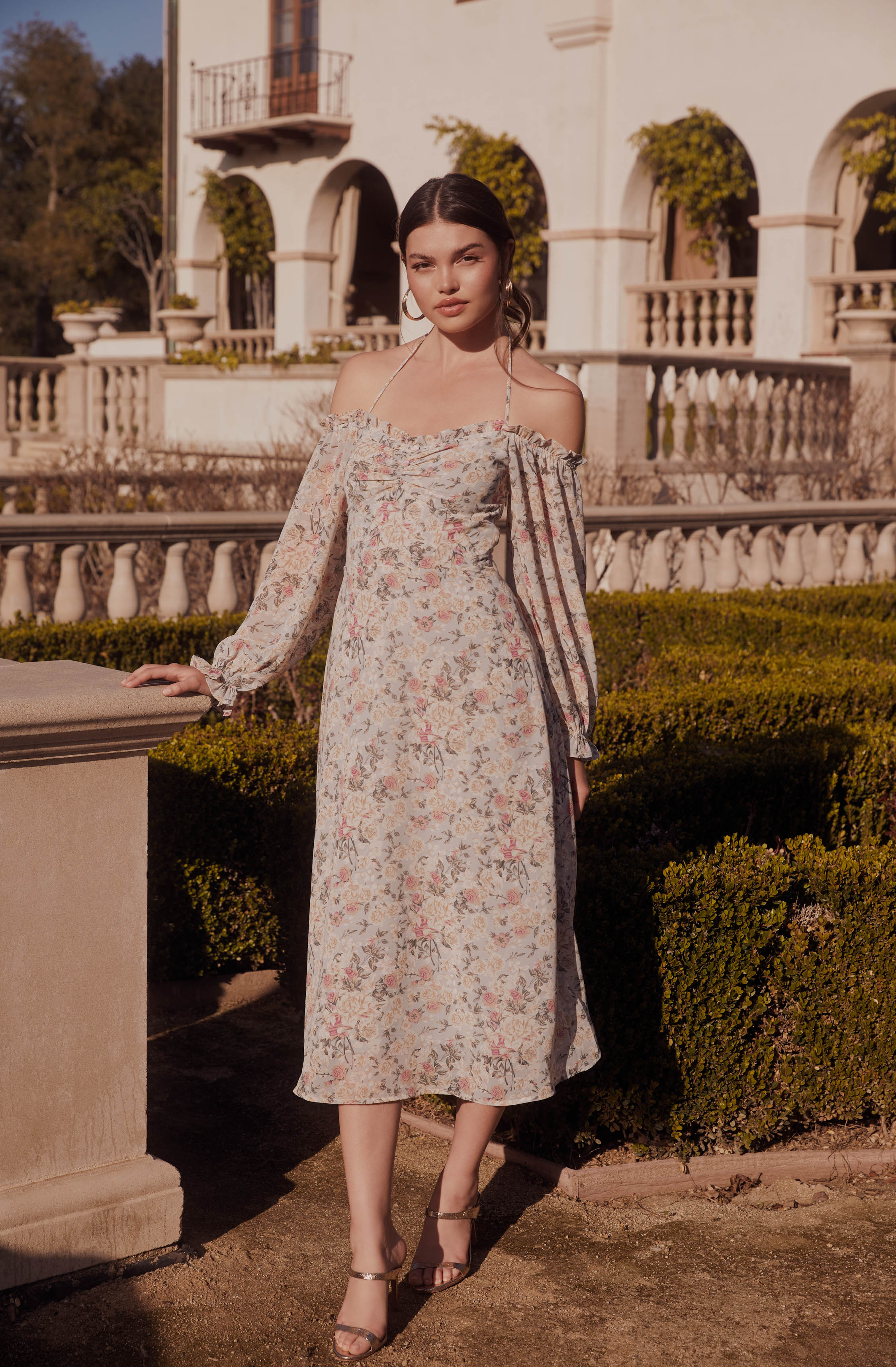 Off Shoulder Long Sleeve Cinched Bust Midi Dress-Aljck