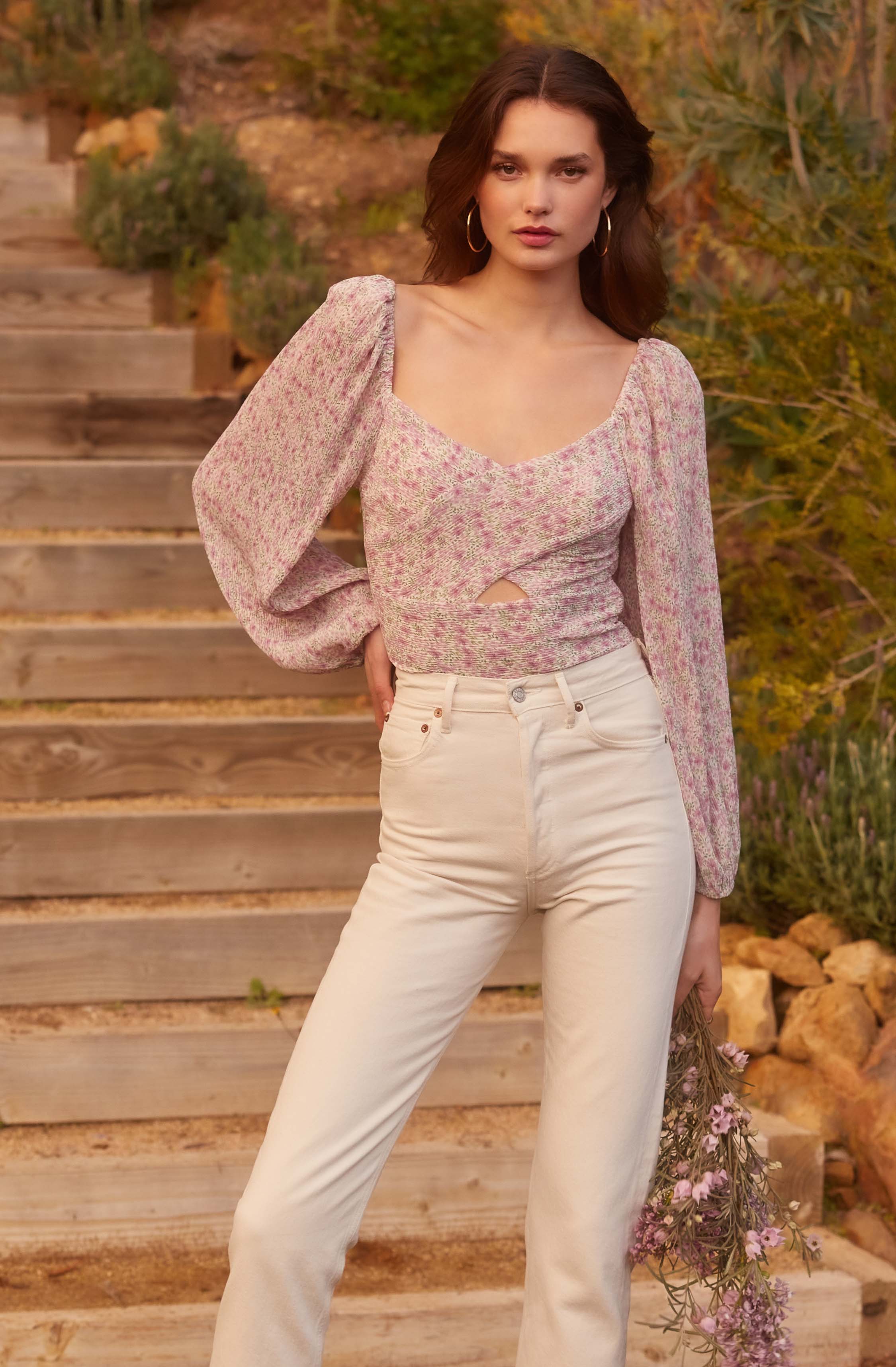 Long Sleeve Plisse Cross Bust Top-Aljck