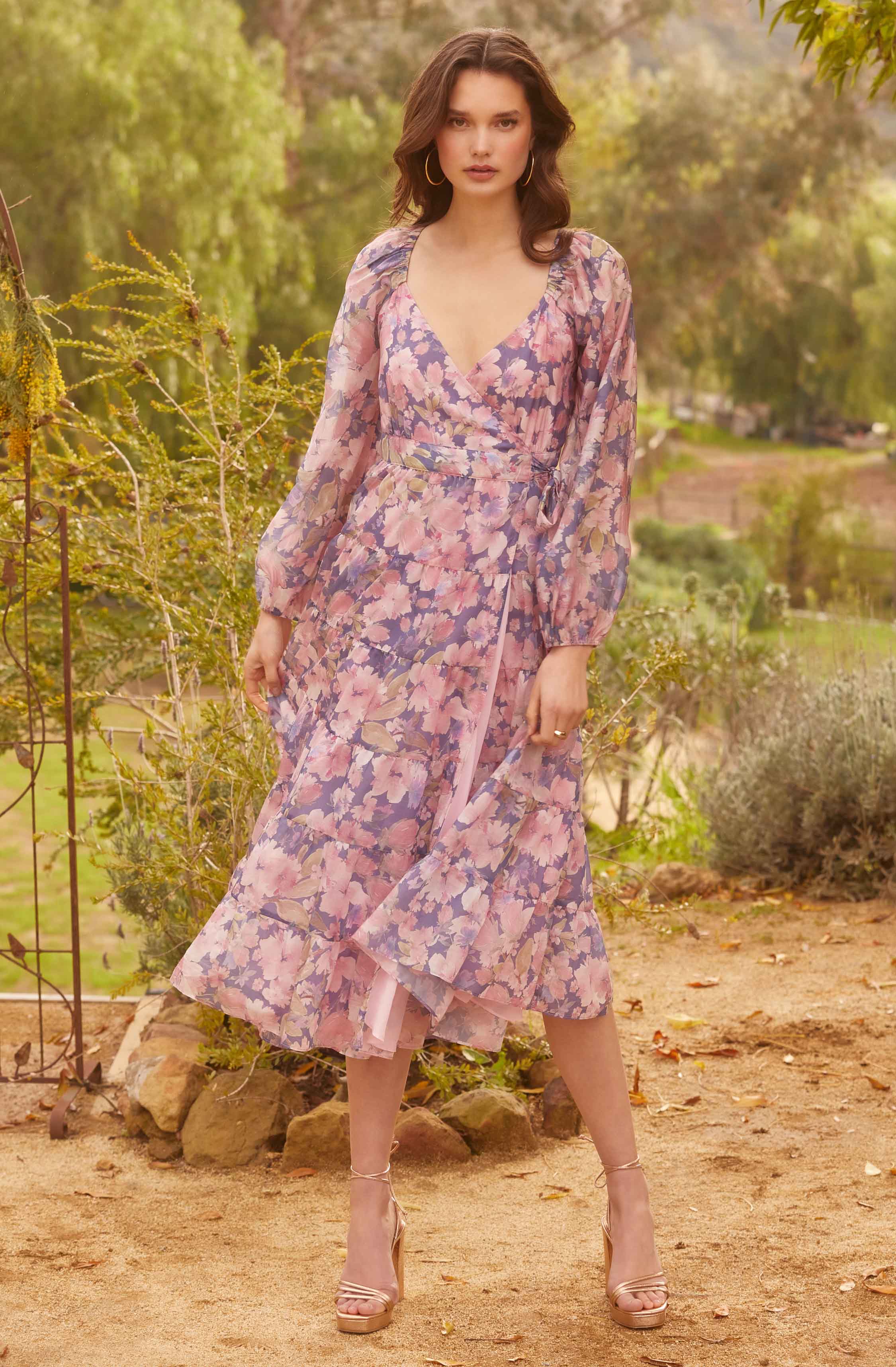 Jannika Floral Wrap Front Midi Dress-Aljck