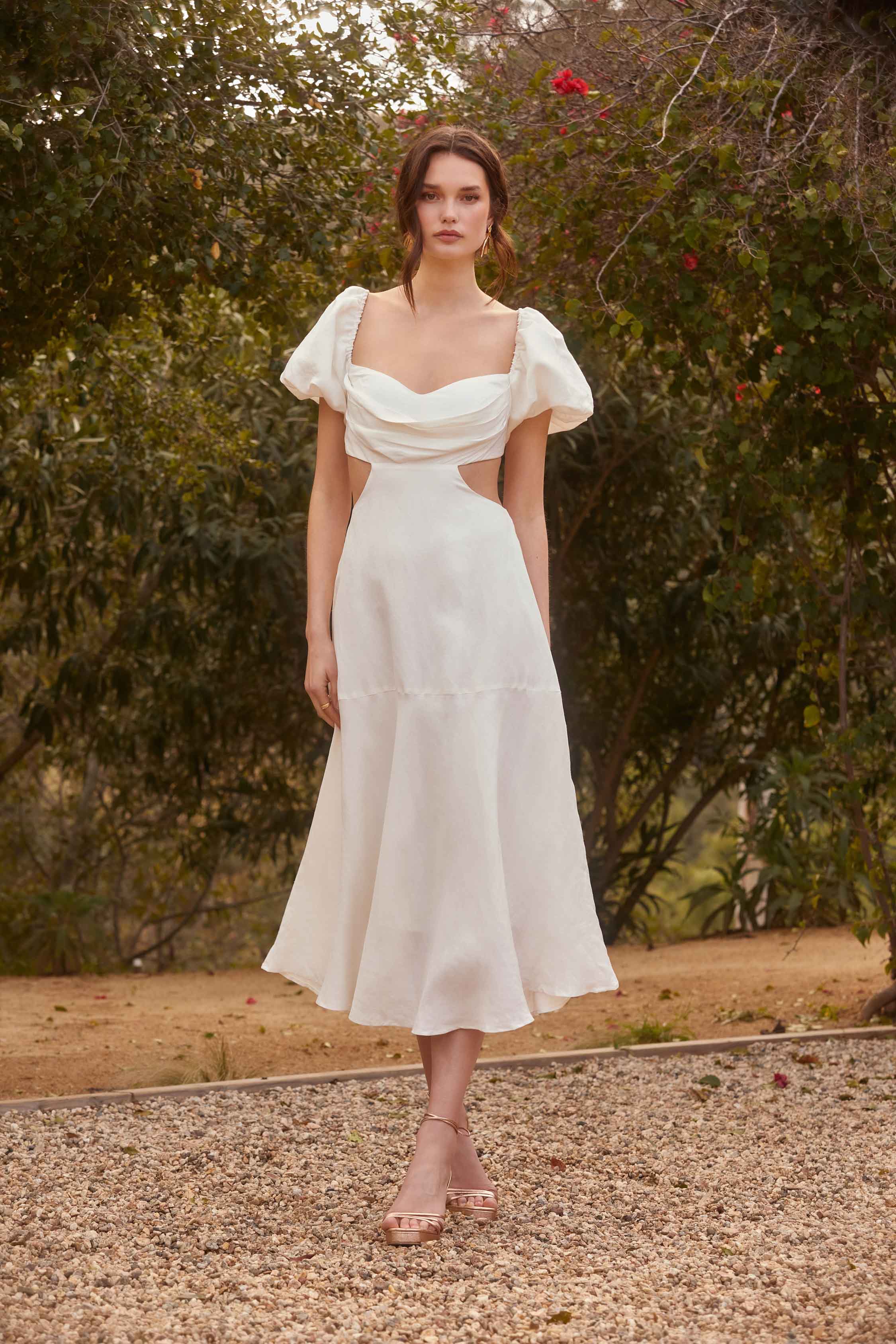 Winley Puff Sleeve Cutout Midi Dress-Aljck