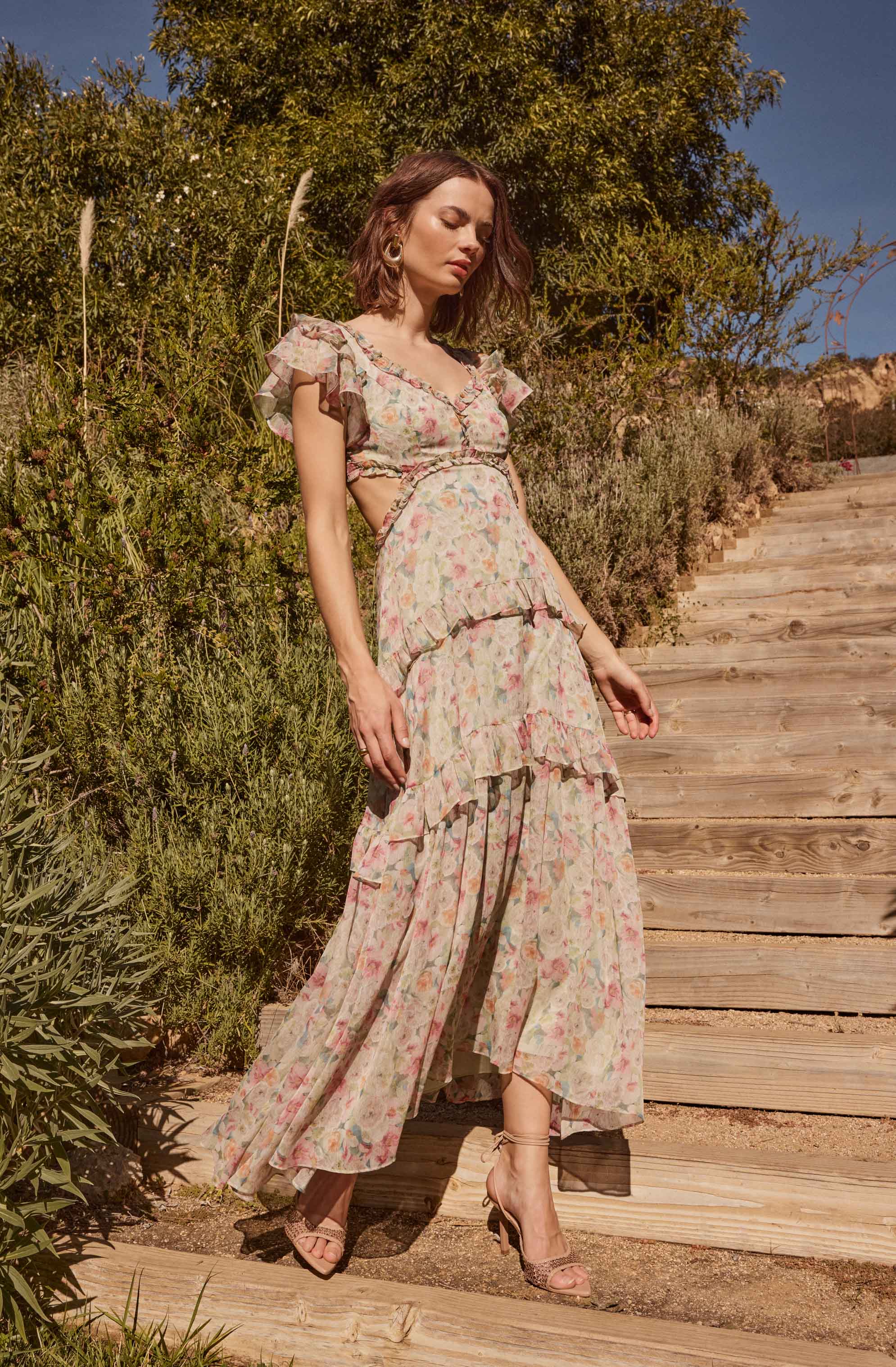 Mable Floral Tiered Ruffle Maxi Dress-Aljck