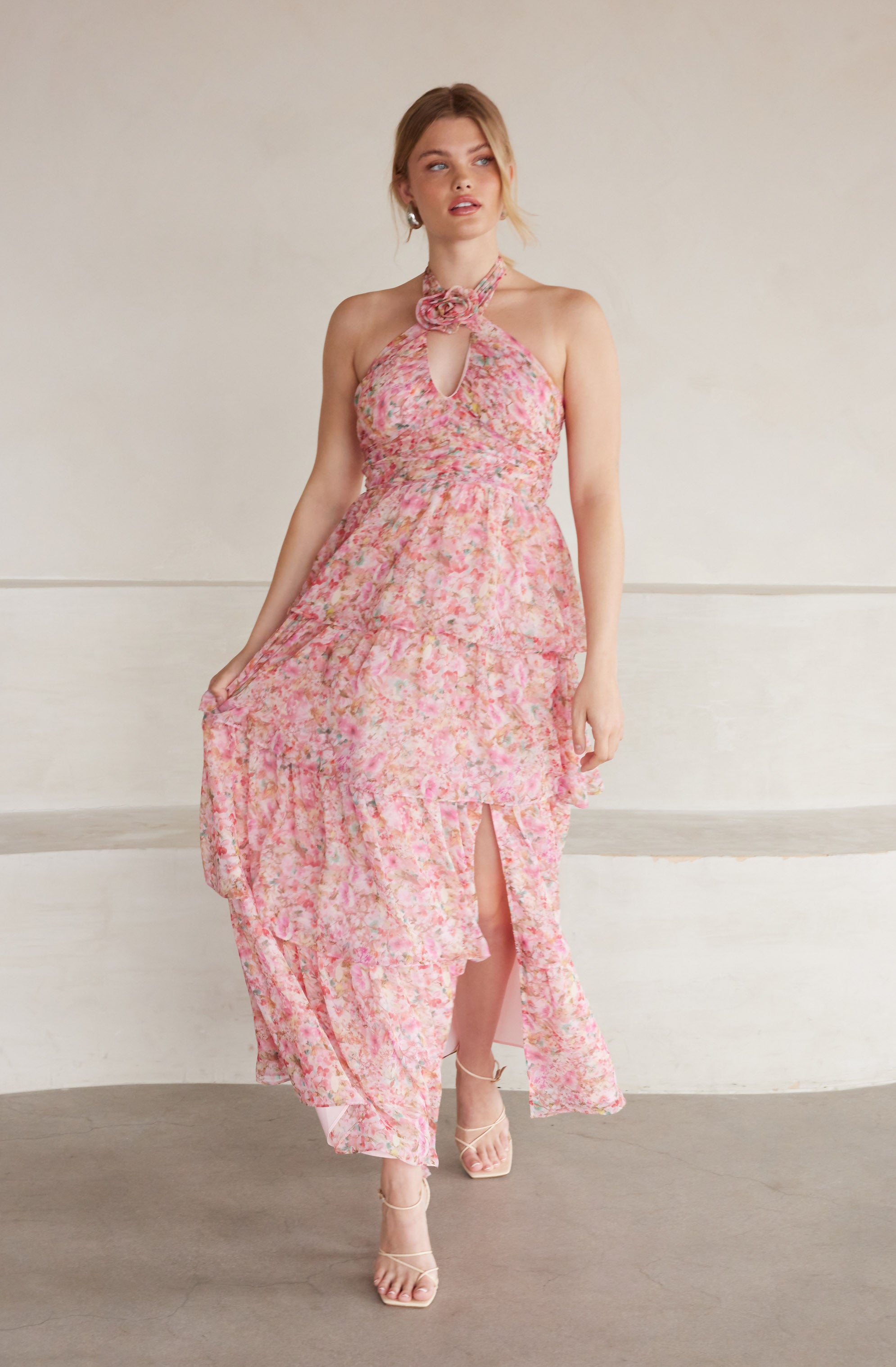 Brinley Floral Tiered Halter Dress-Aljck