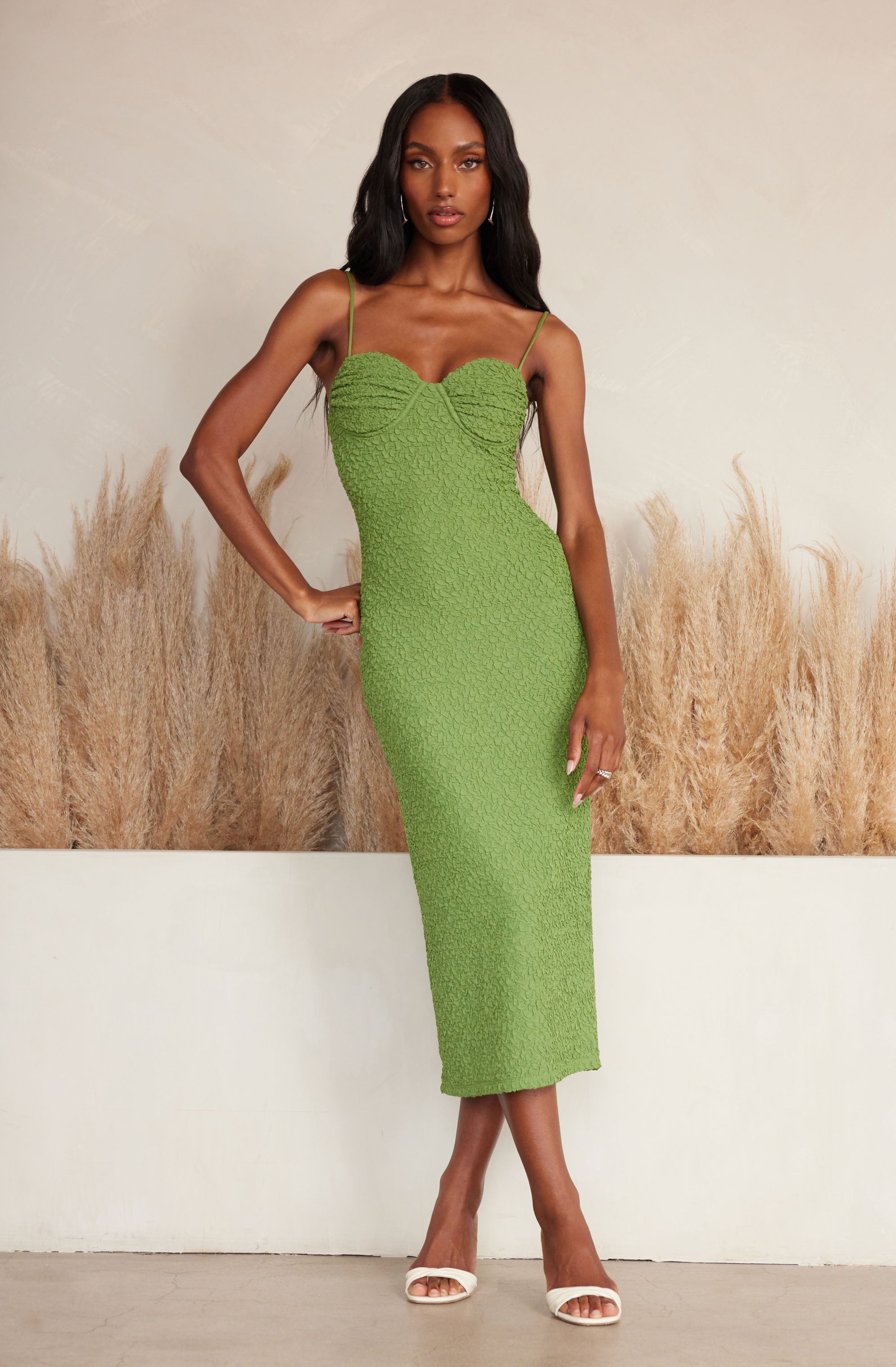 Textured Bustier Midi Dress-Aljck