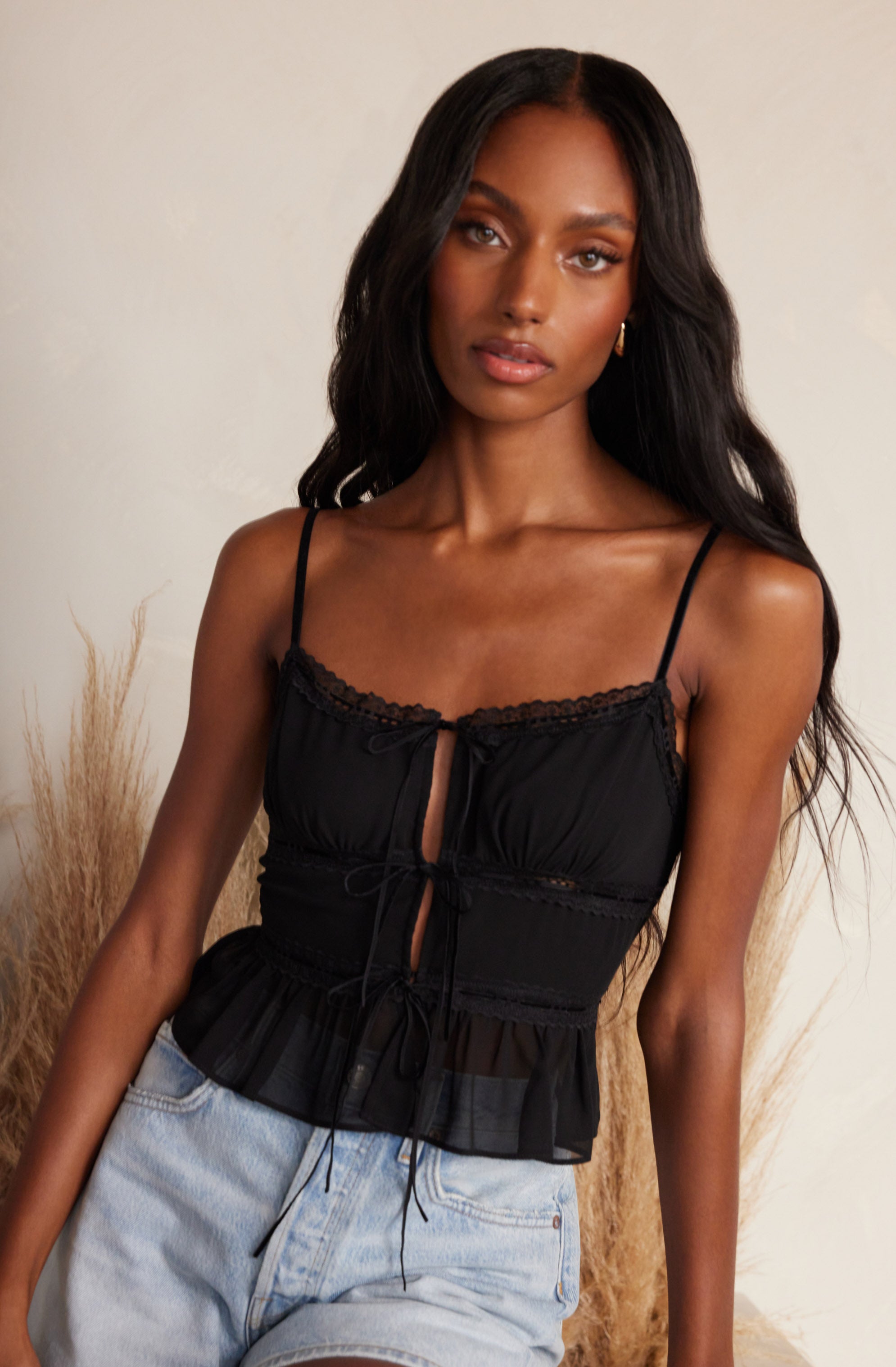 Tie-front Lace Trim Peplum Top-Aljck