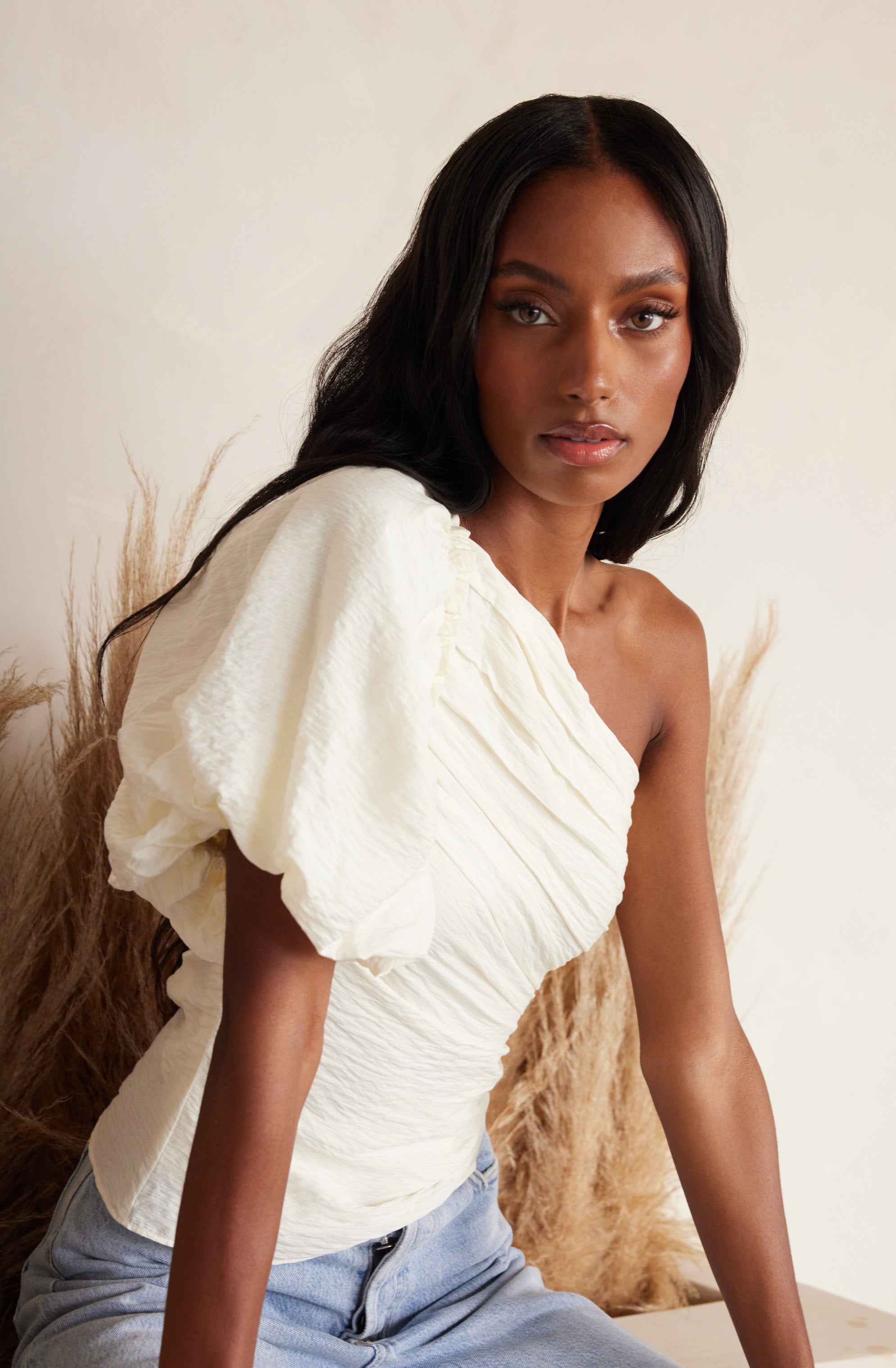 Gidget One Shoulder Pleated Top-Aljck