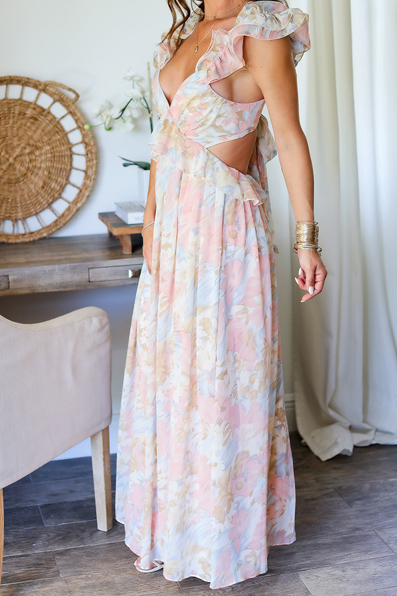 Ruffled Trim V Neck Floral Print Cutout Open Back Maxi Dresses-Aljck.All Rights Reserved.