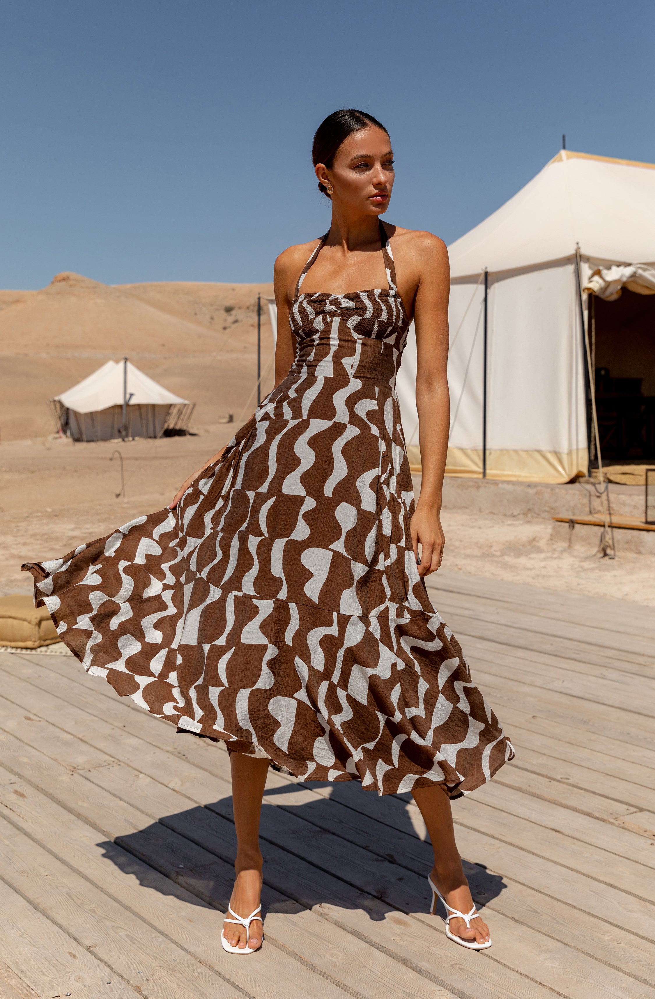 Mariella Abstract Print Halter Midi Dress-Aljck