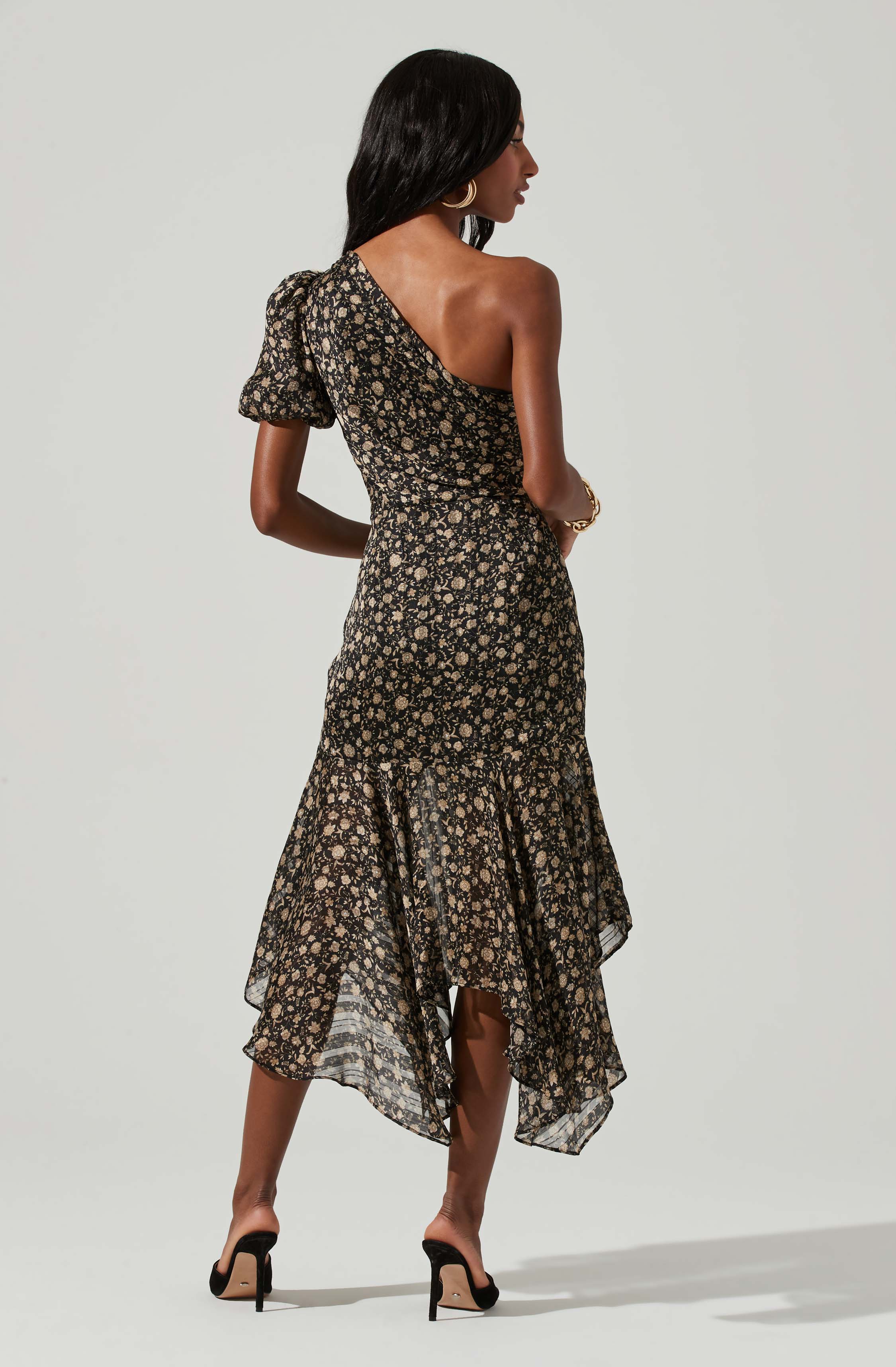 Santorini Floral One Shoulder Midi Dress-Aljck