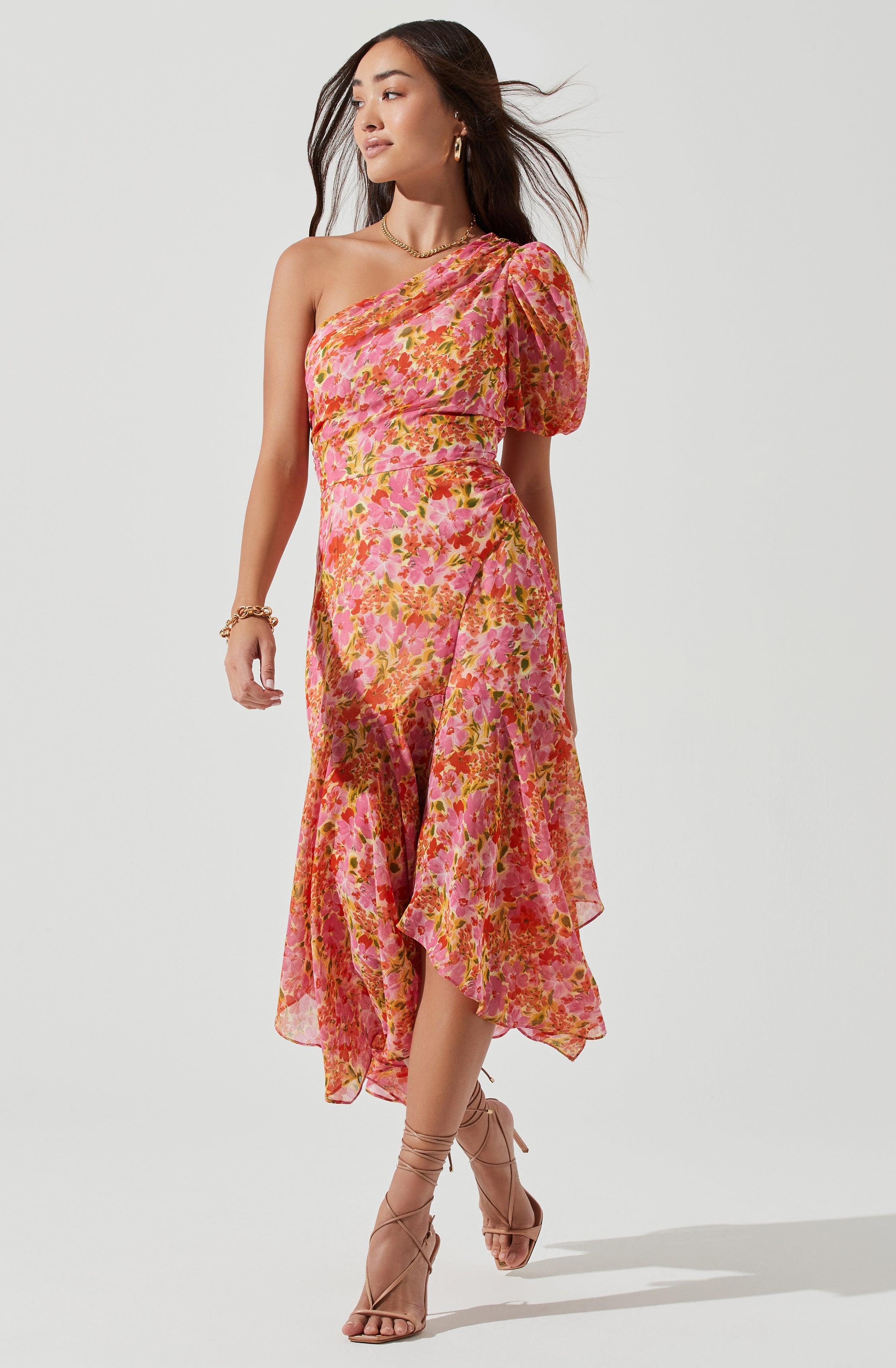 Santorini Floral One Shoulder Midi Dress-Aljck