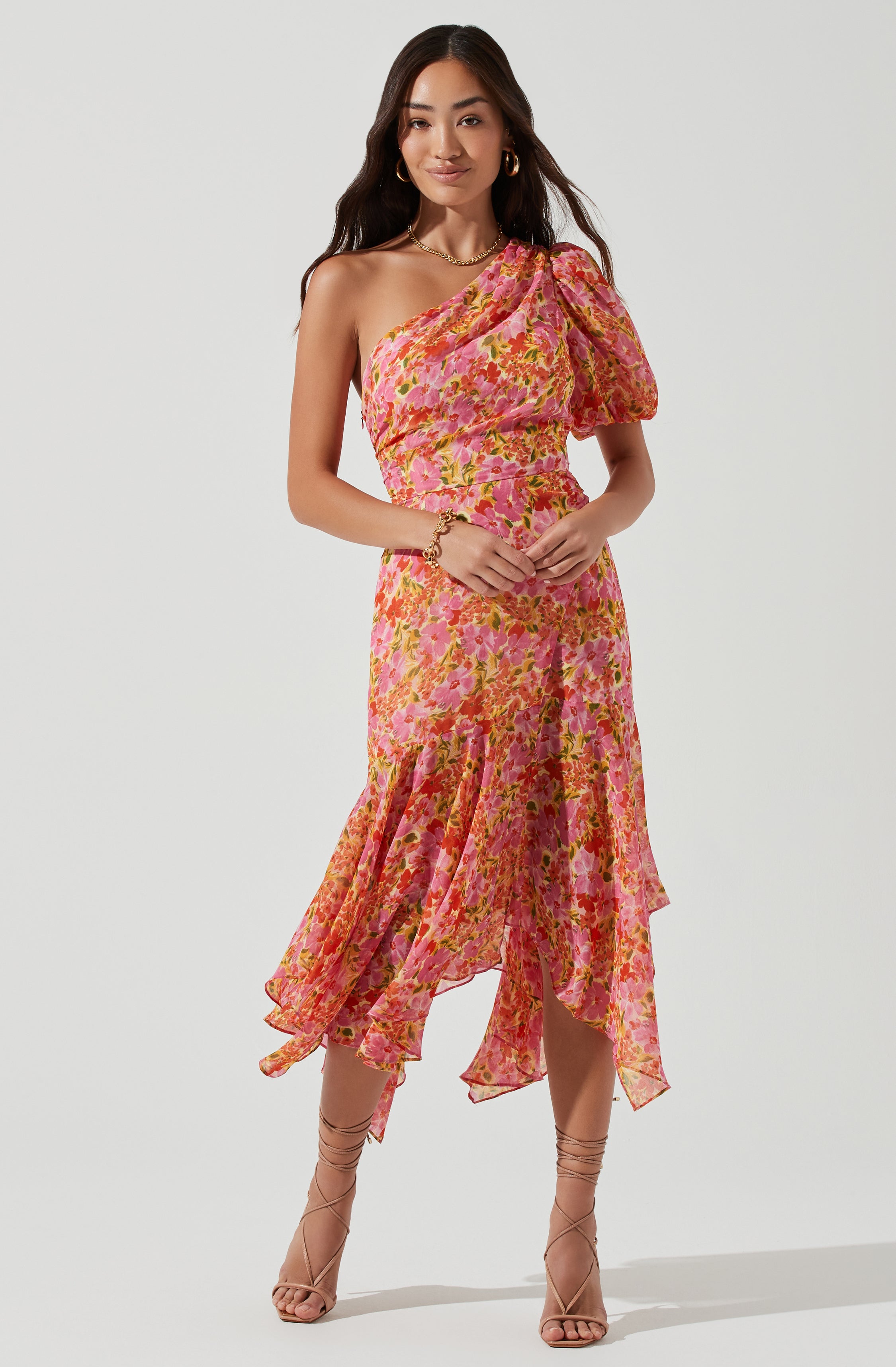 Santorini Floral One Shoulder Midi Dress-Aljck