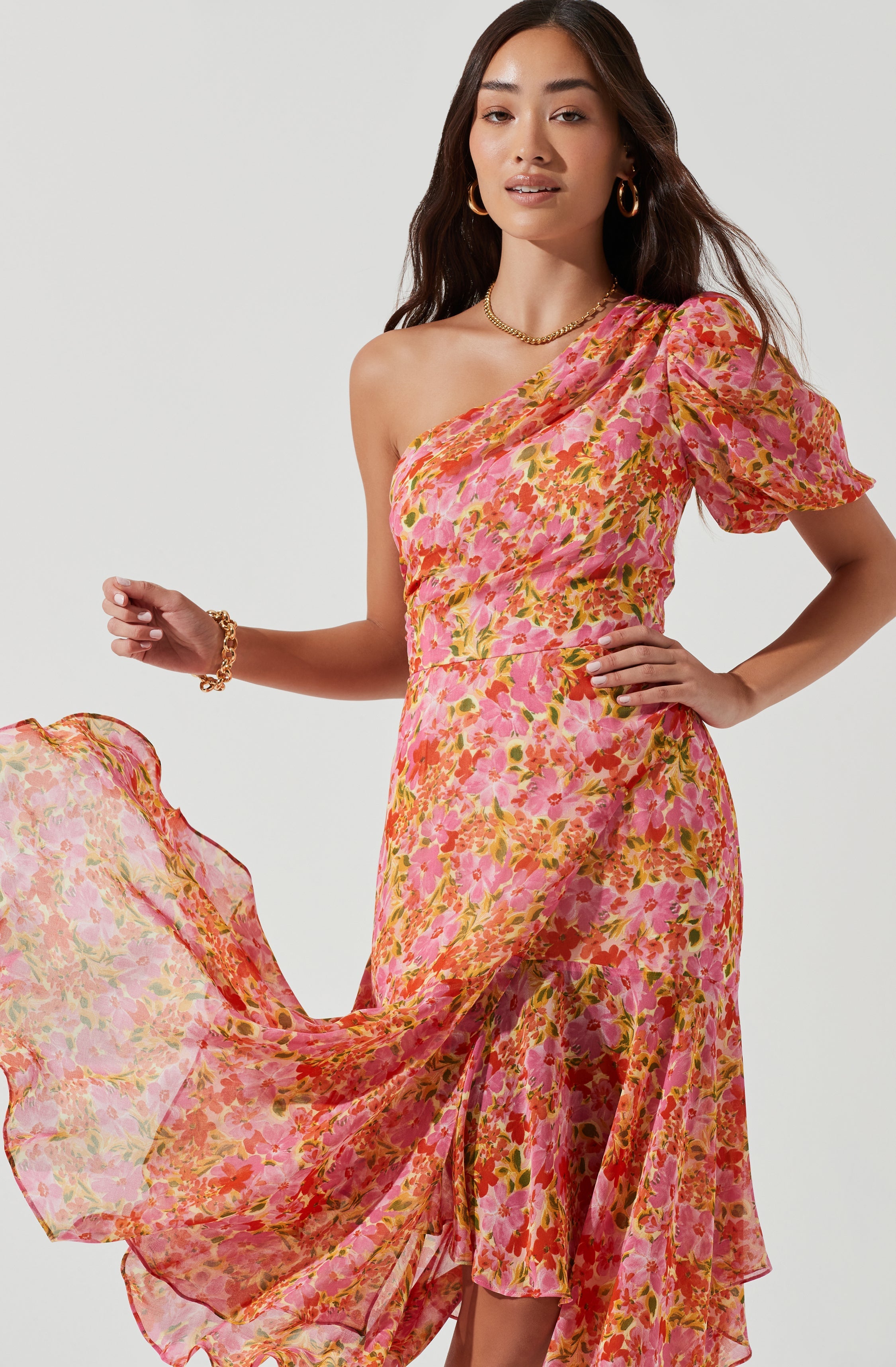 Santorini Floral One Shoulder Midi Dress-Aljck