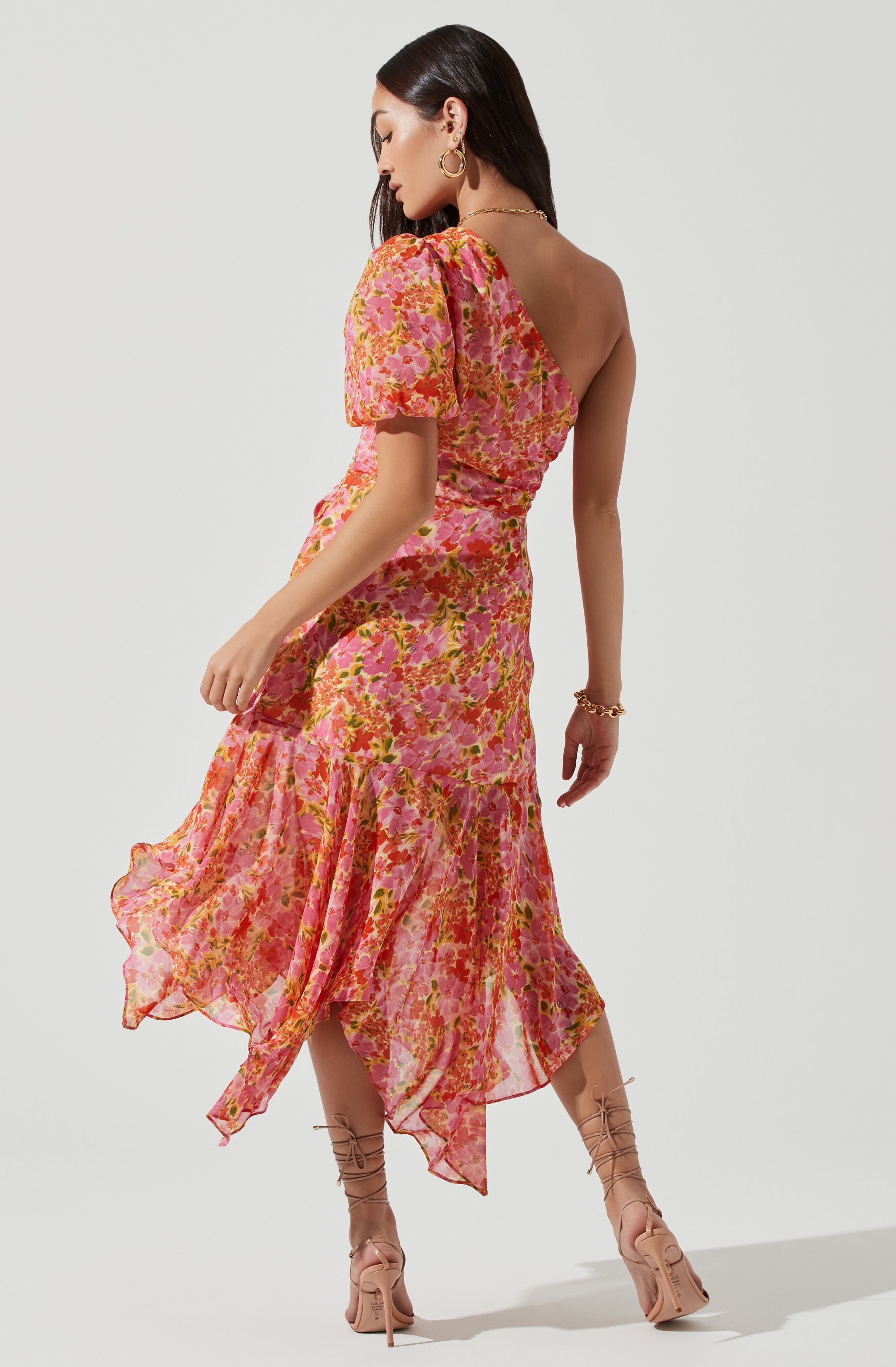 Santorini Floral One Shoulder Midi Dress-Aljck