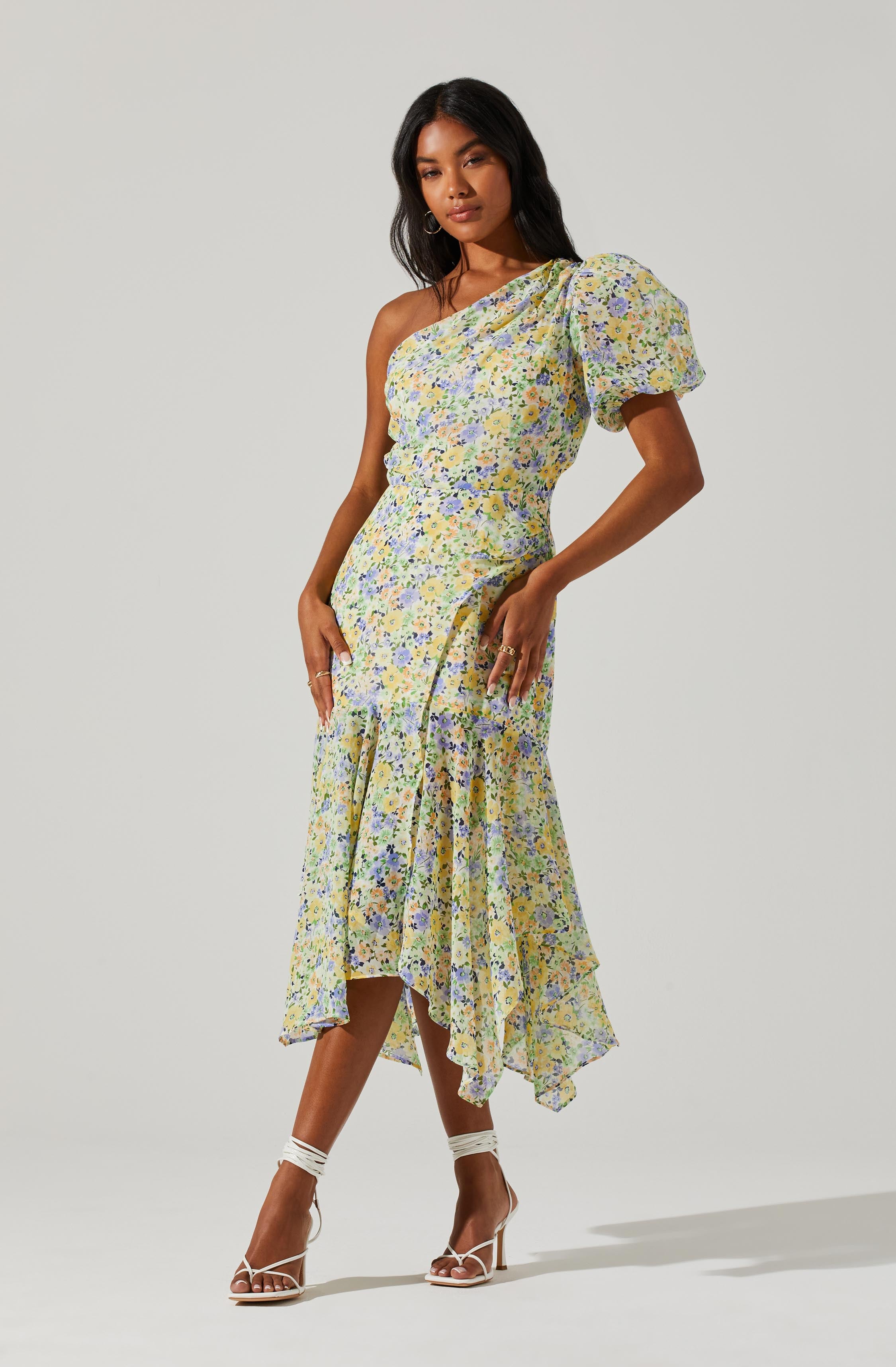 Santorini Floral One Shoulder Midi Dress-Aljck