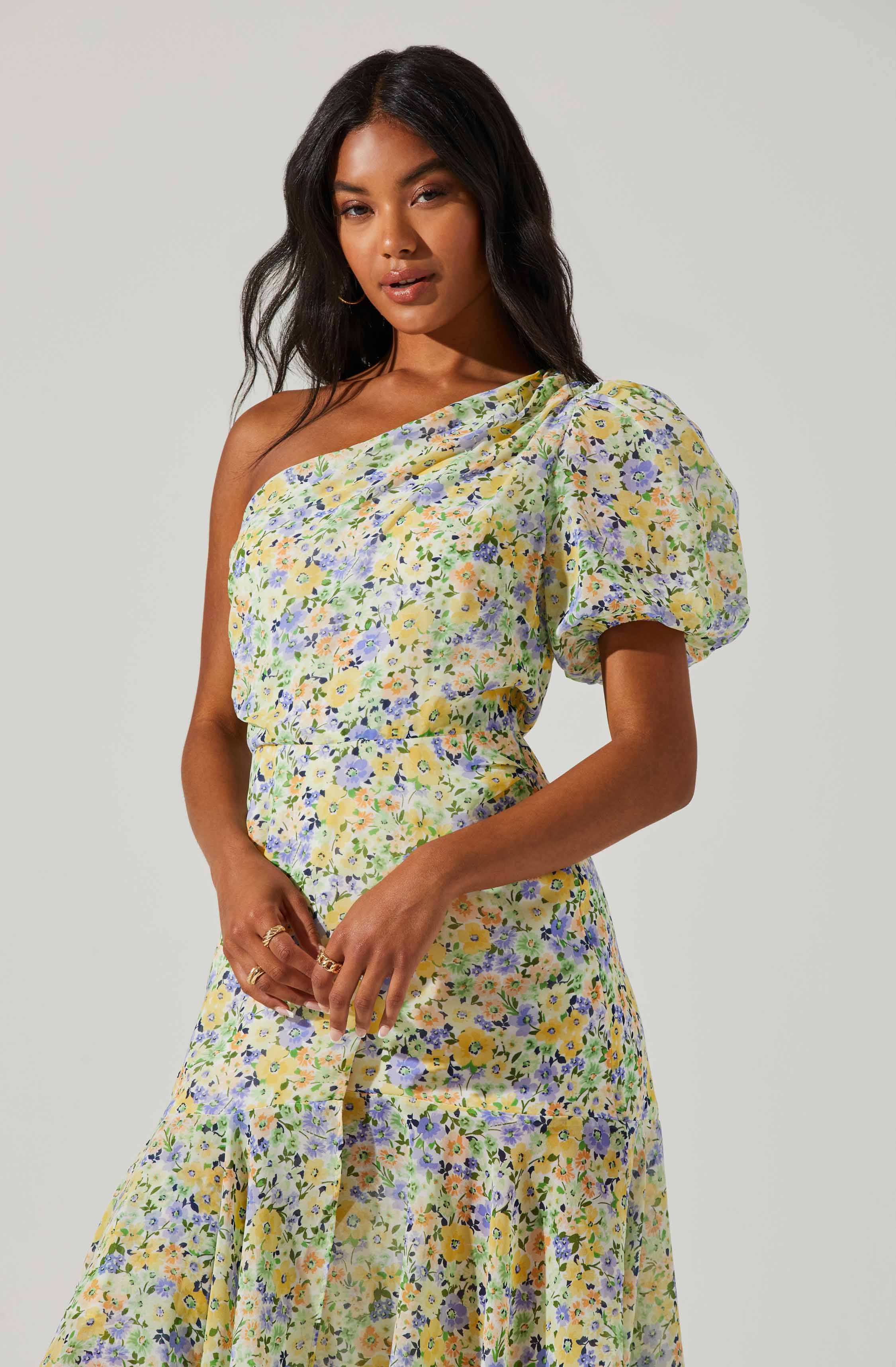 Santorini Floral One Shoulder Midi Dress-Aljck