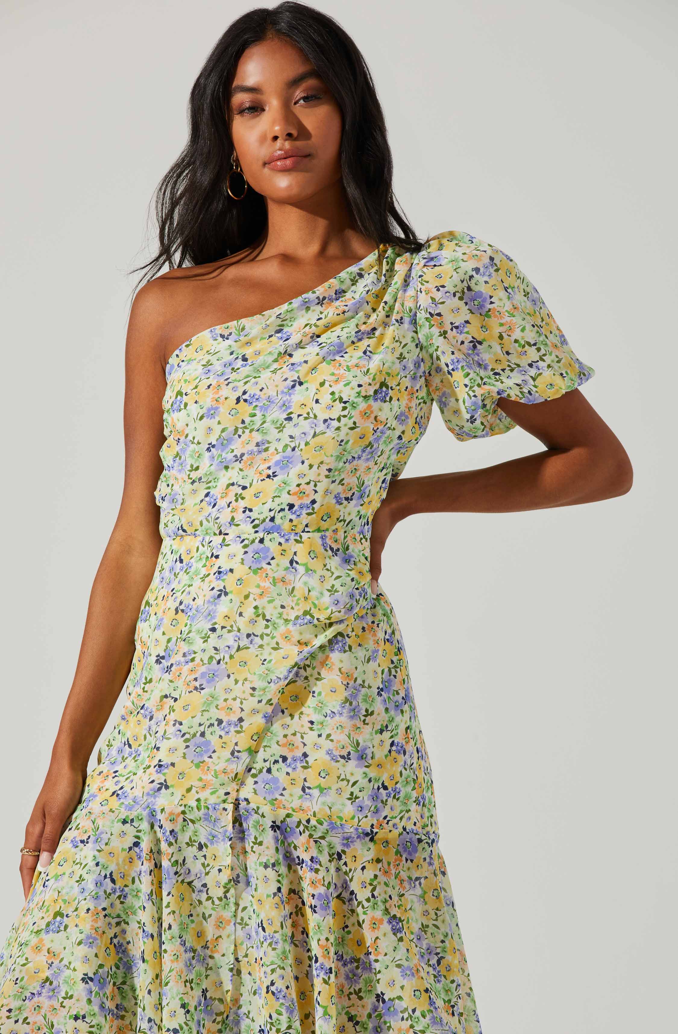 Santorini Floral One Shoulder Midi Dress-Aljck