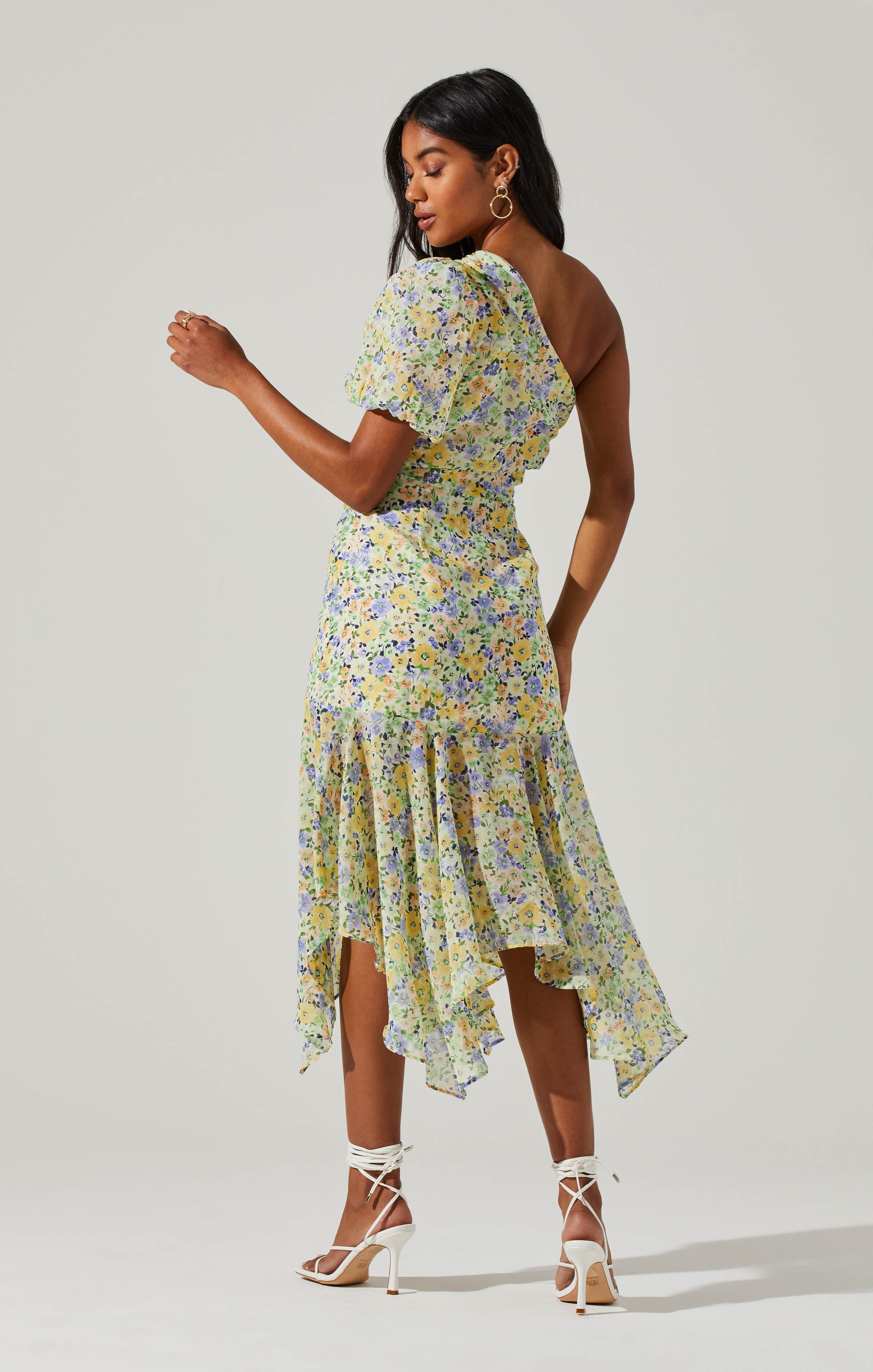 Santorini Floral One Shoulder Midi Dress-Aljck