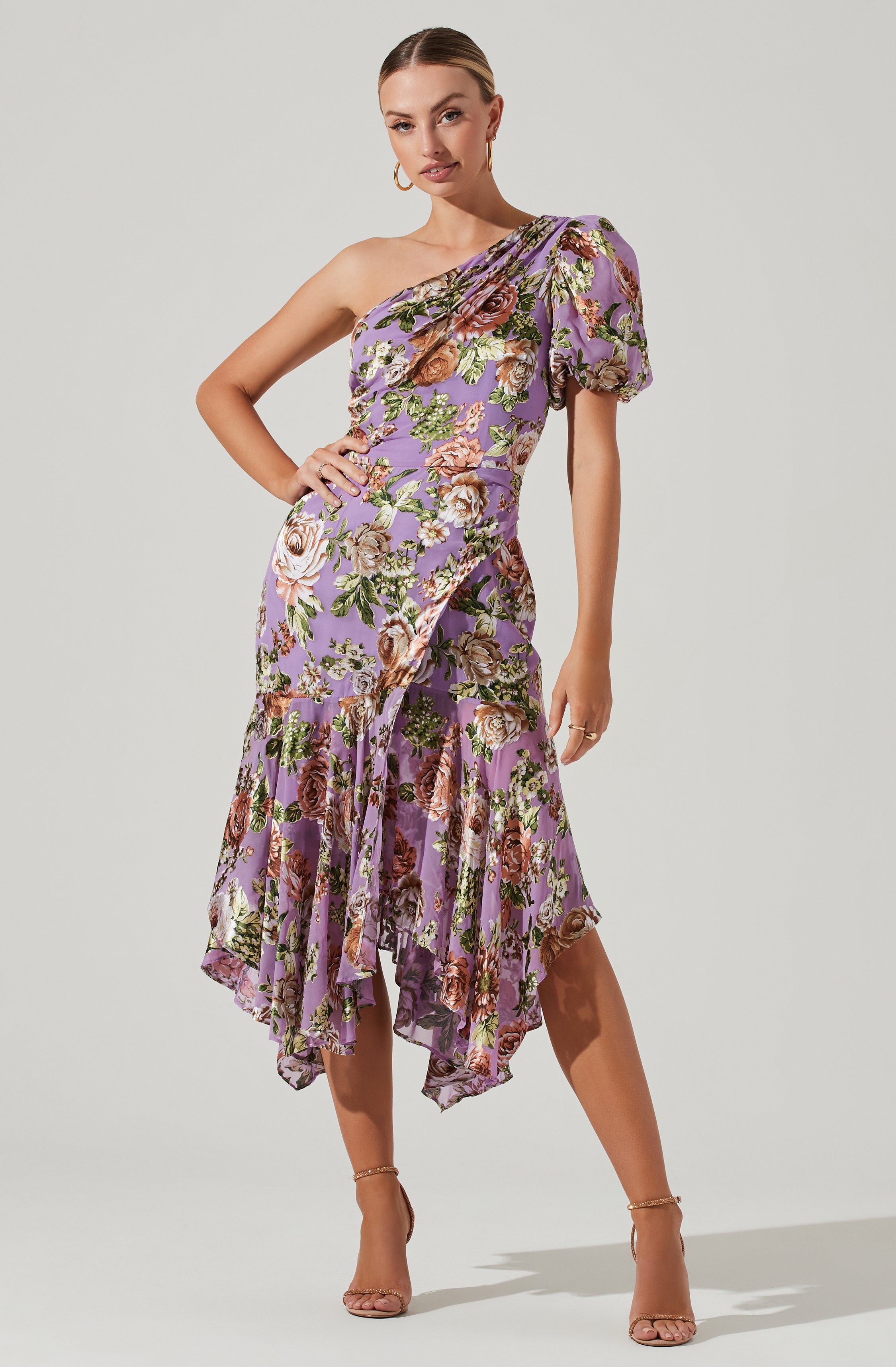 Santorini Floral One Shoulder Midi Dress-Aljck