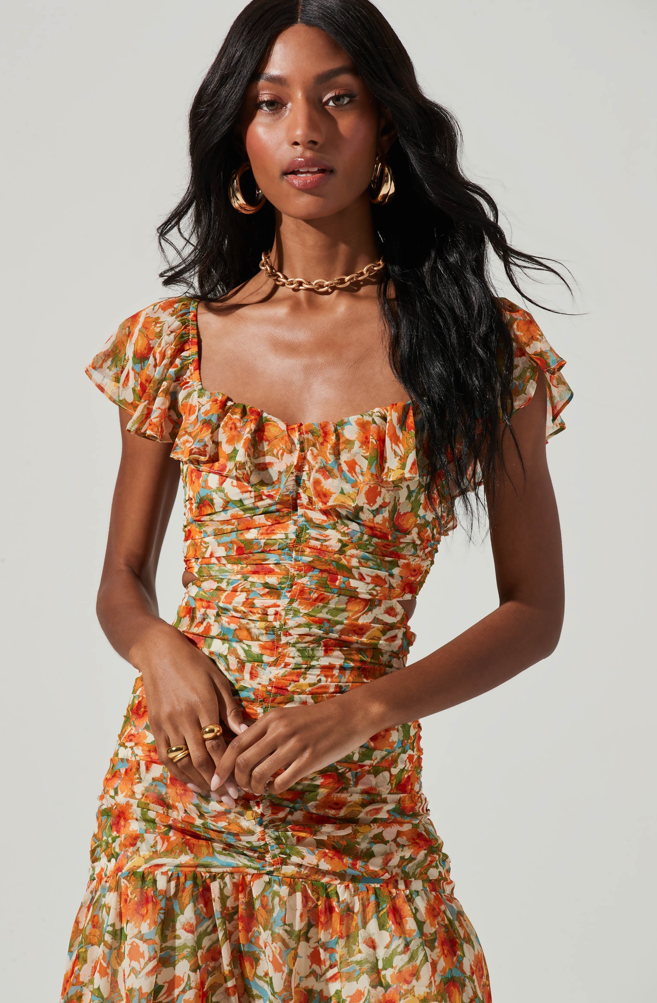 Devereaux Cutout Floral Midi Dress-Aljck