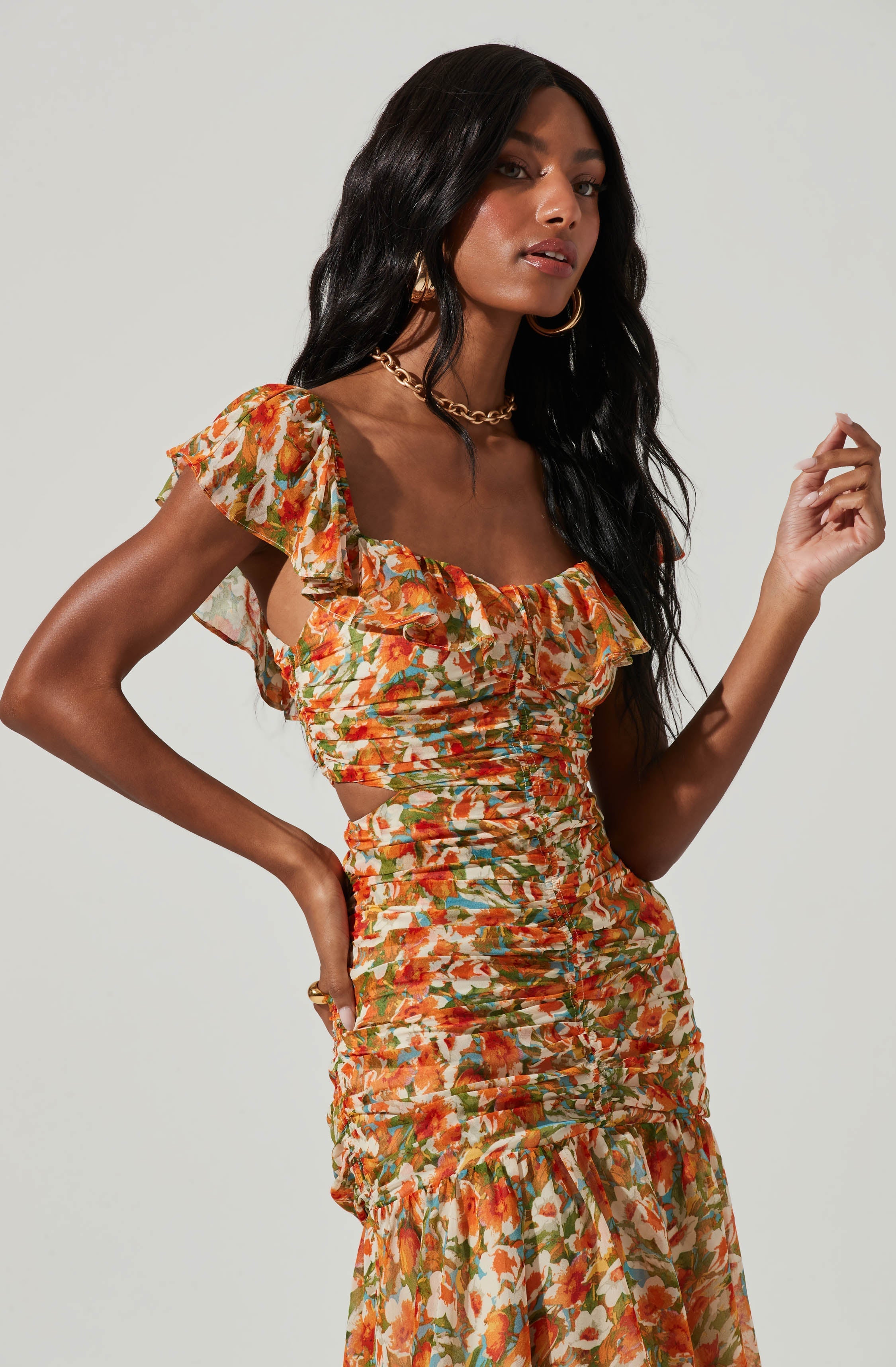 Devereaux Cutout Floral Midi Dress-Aljck