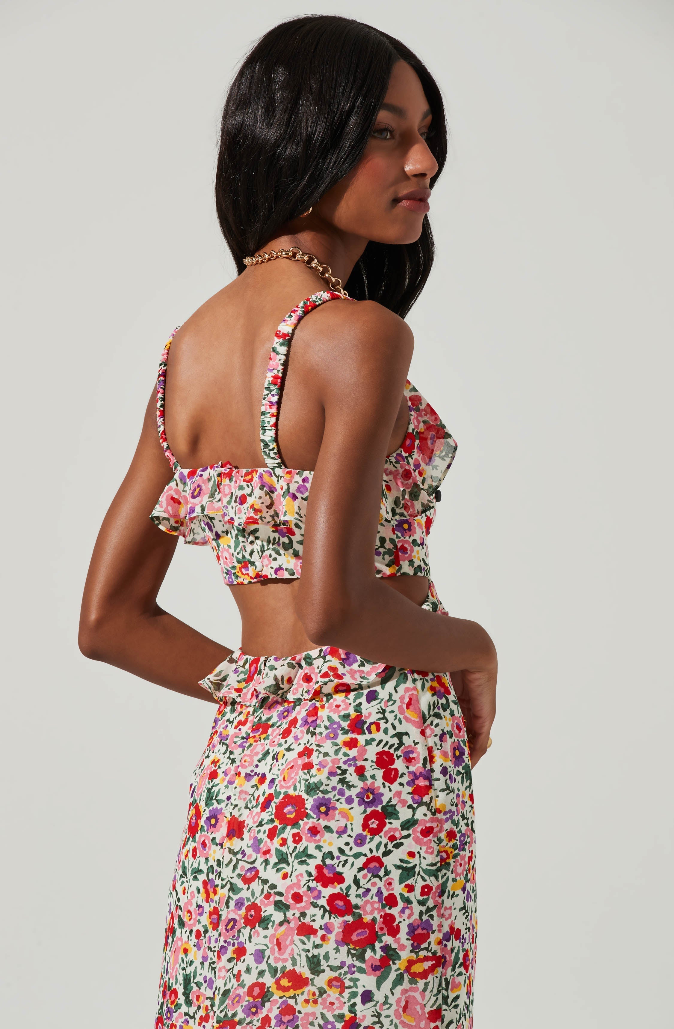 Wildflower Ruffle Cutout Midi Dress-Aljck