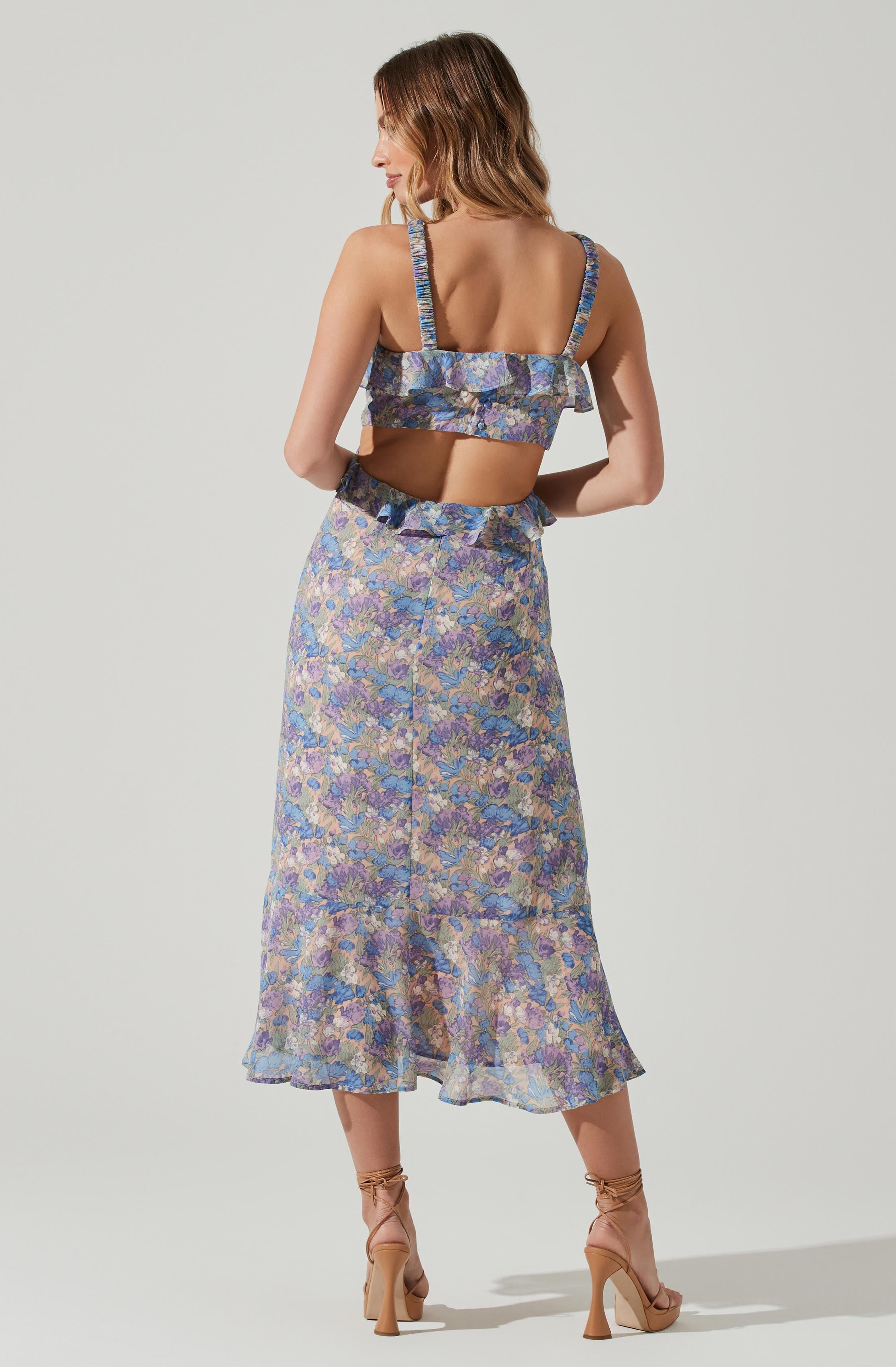 Wildflower Ruffle Cutout Midi Dress-Aljck