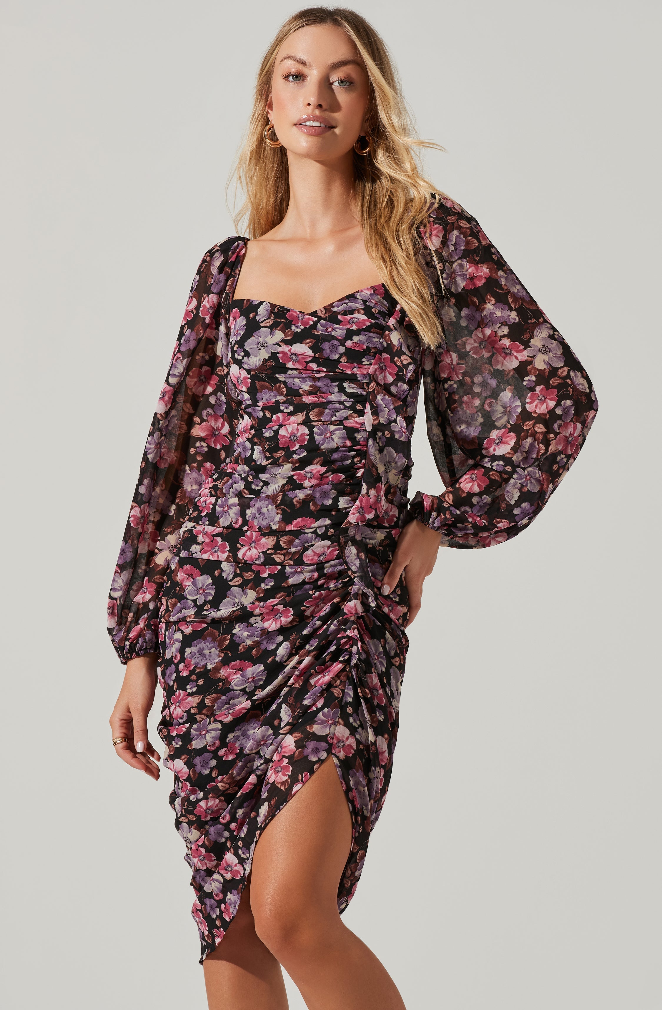 Athens Floral Ruched Midi Dress-Aljck