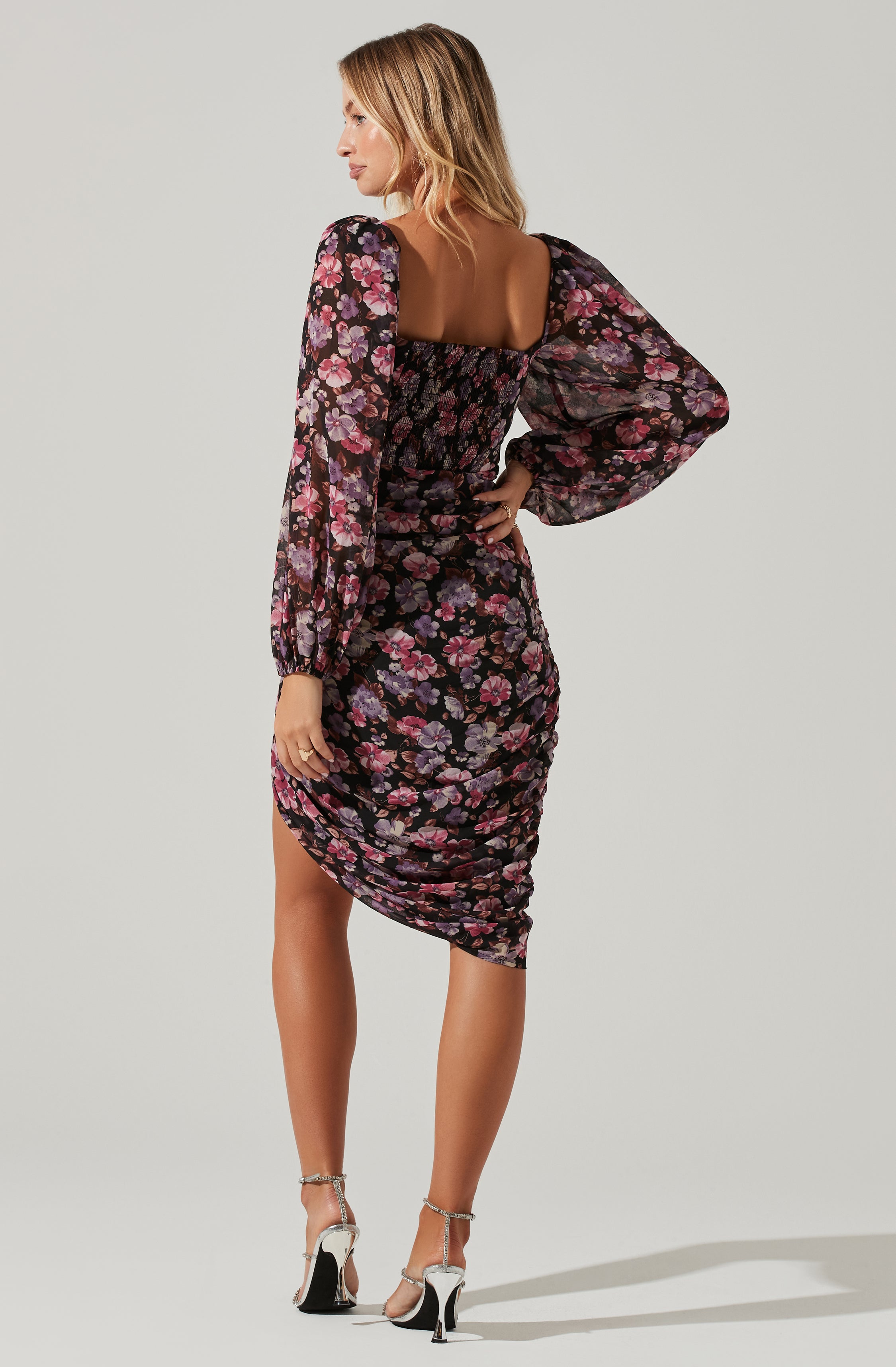 Athens Floral Ruched Midi Dress-Aljck