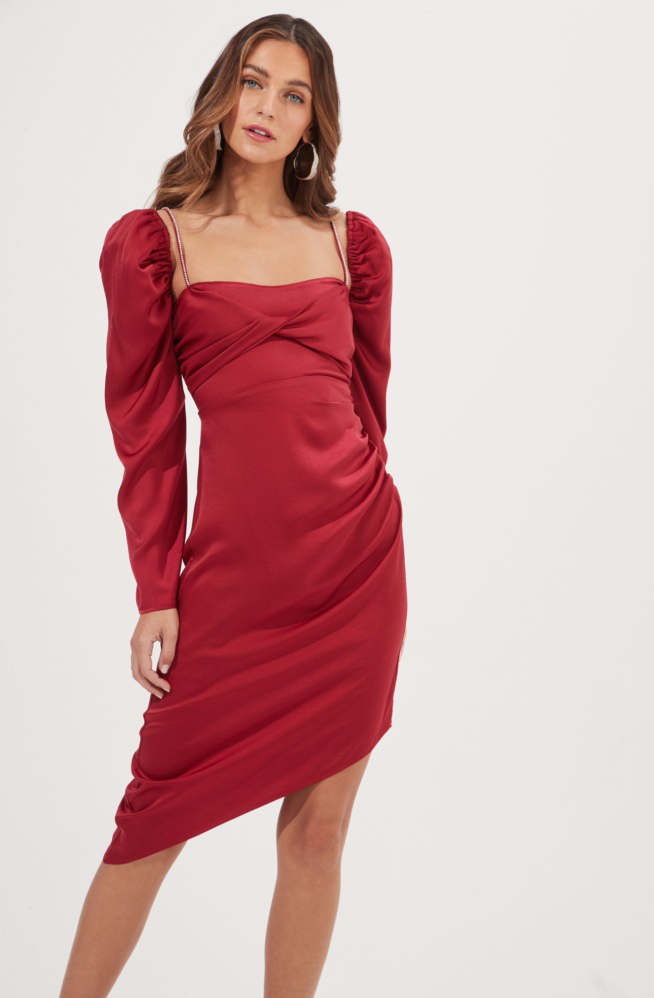 Claudina Rhinestone Embellished Satin Long Sleeve Midi Dress-Aljck