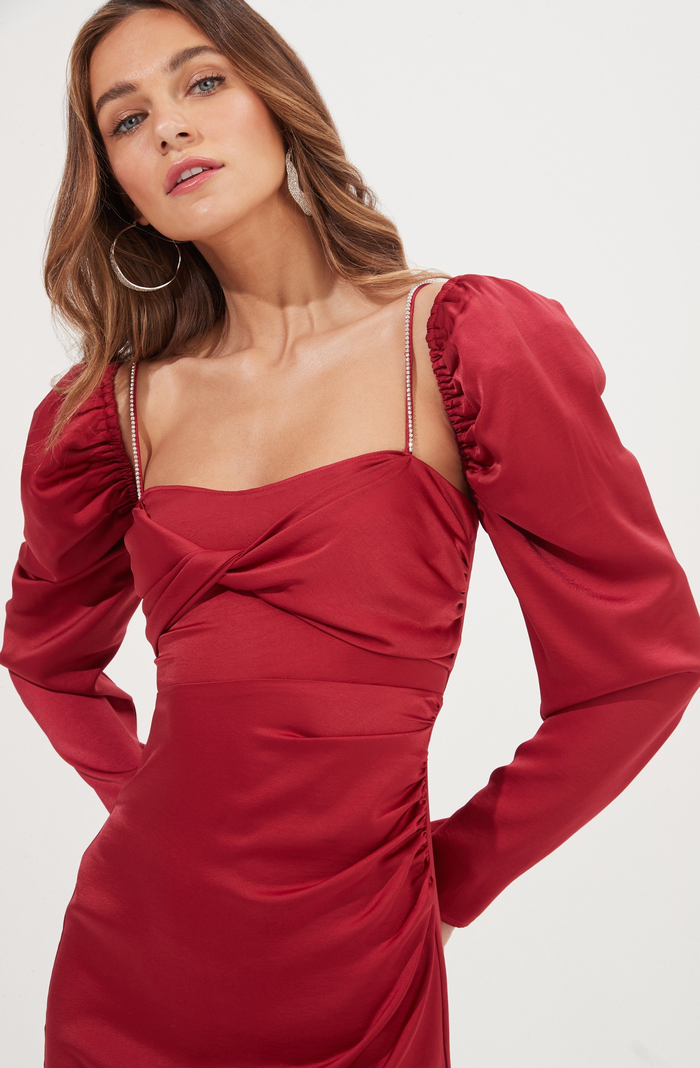 Claudina Rhinestone Embellished Satin Long Sleeve Midi Dress-Aljck