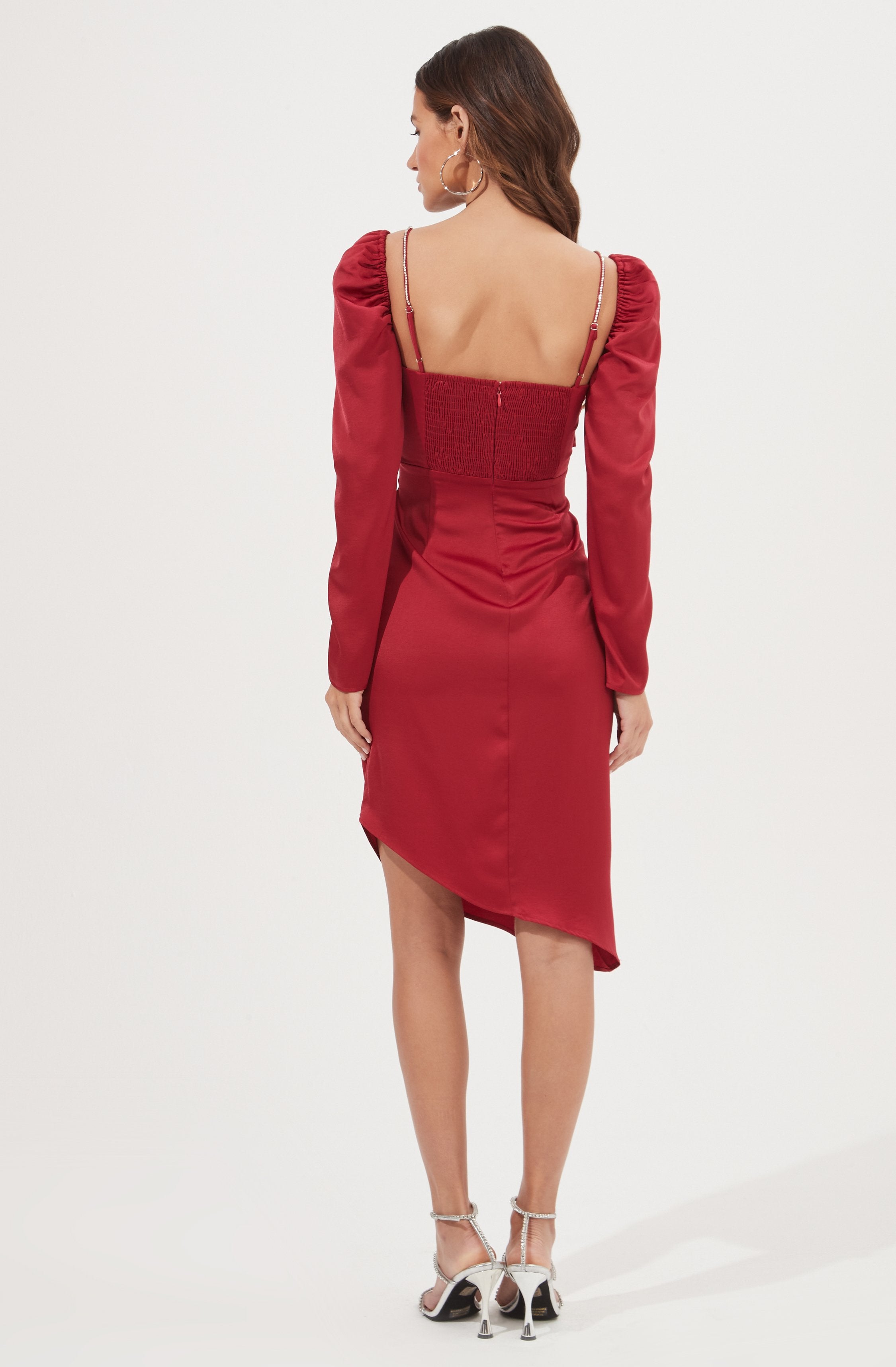 Claudina Rhinestone Embellished Satin Long Sleeve Midi Dress-Aljck