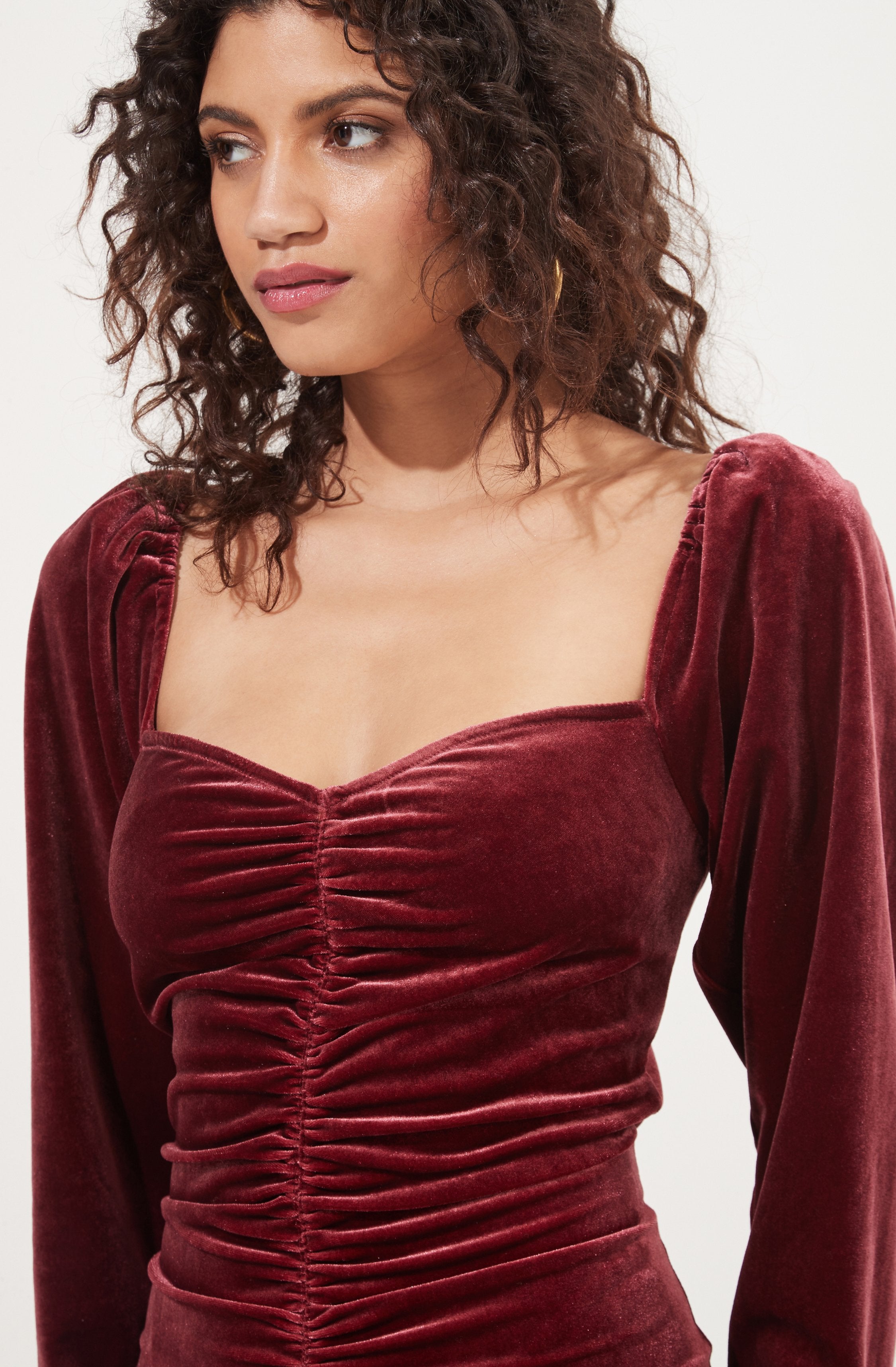 Ellsmere Velvet Rouched Long Sleeve Mini Dress-Aljck