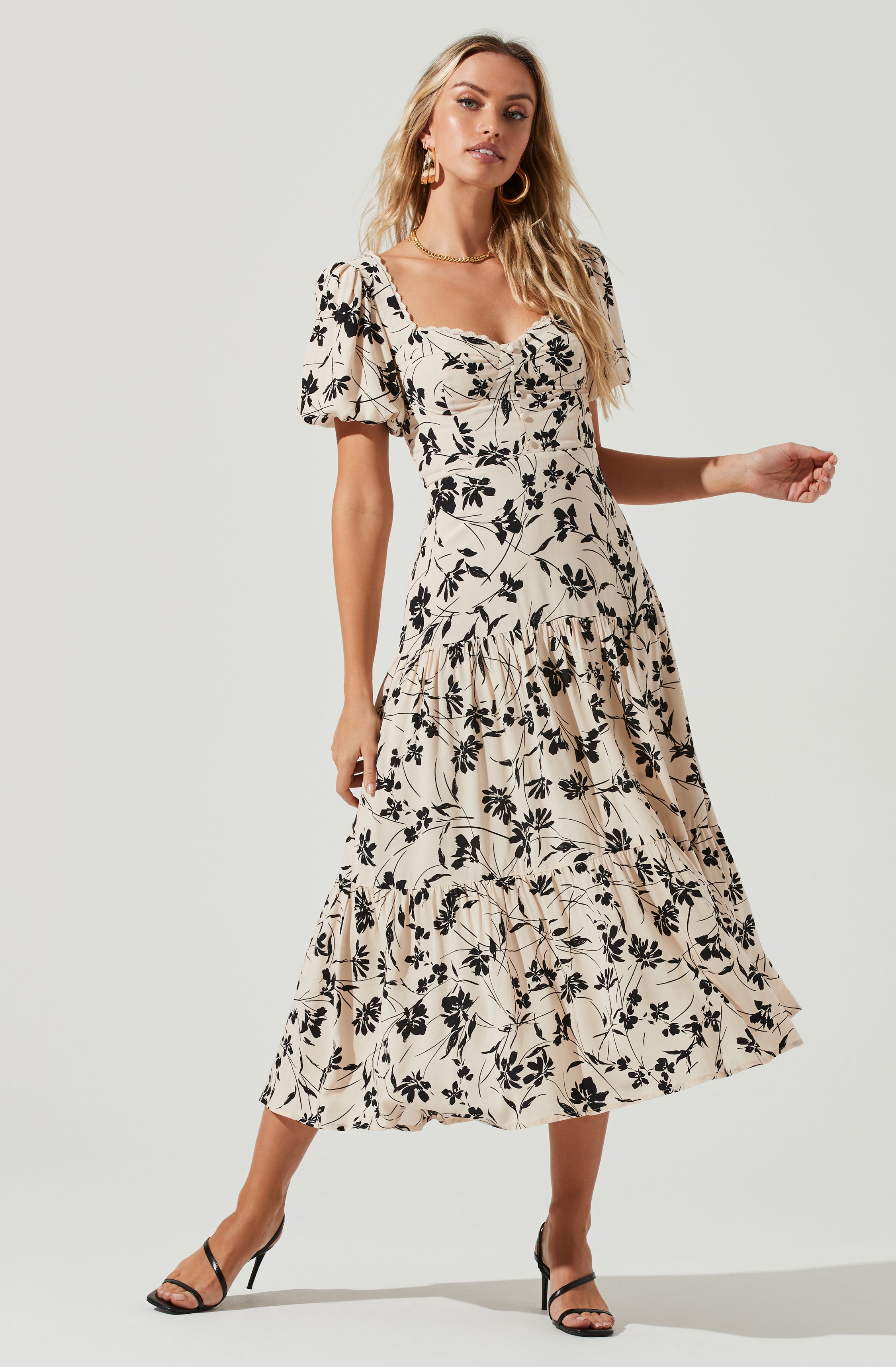Baldwin Floral Print Puff Sleeve Midi Dress-Aljck