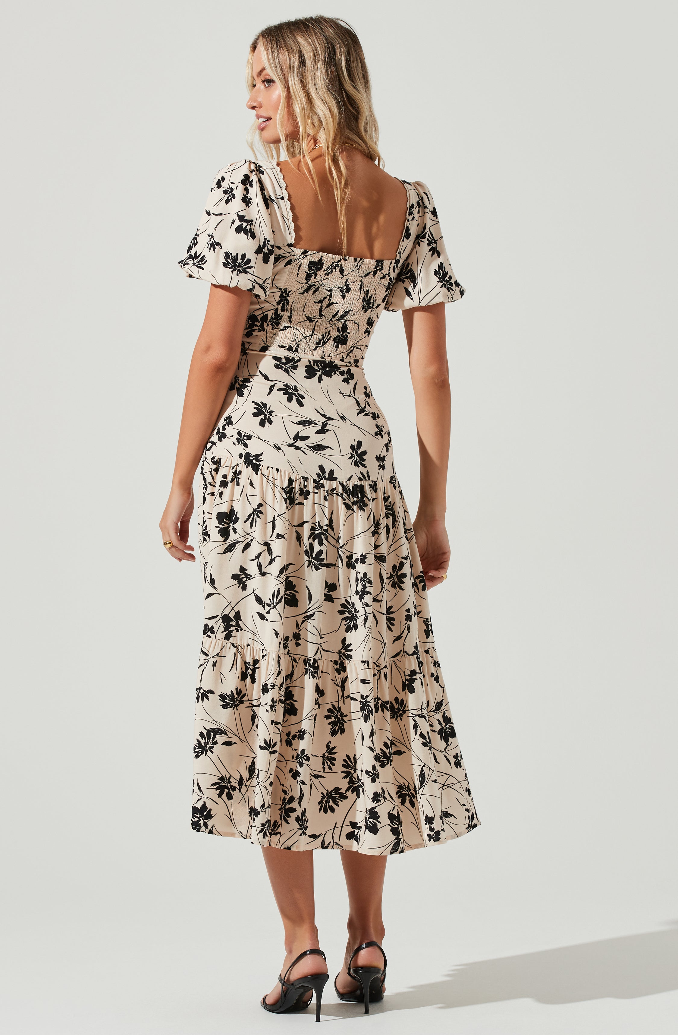 Baldwin Floral Print Puff Sleeve Midi Dress-Aljck