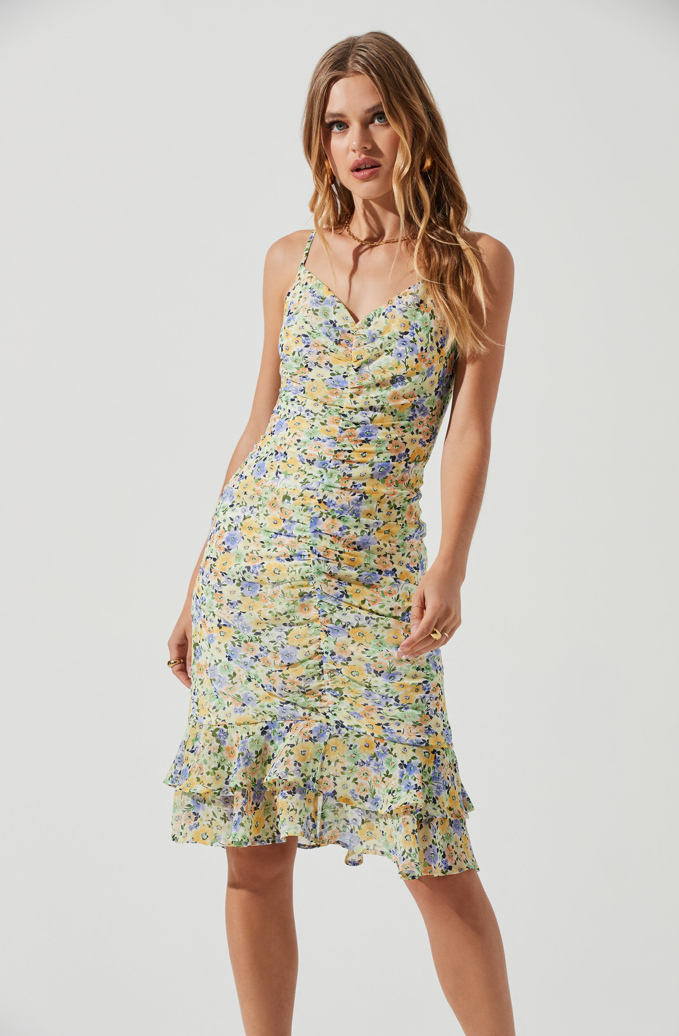 Tawny Floral Ruched Midi Dress-Aljck