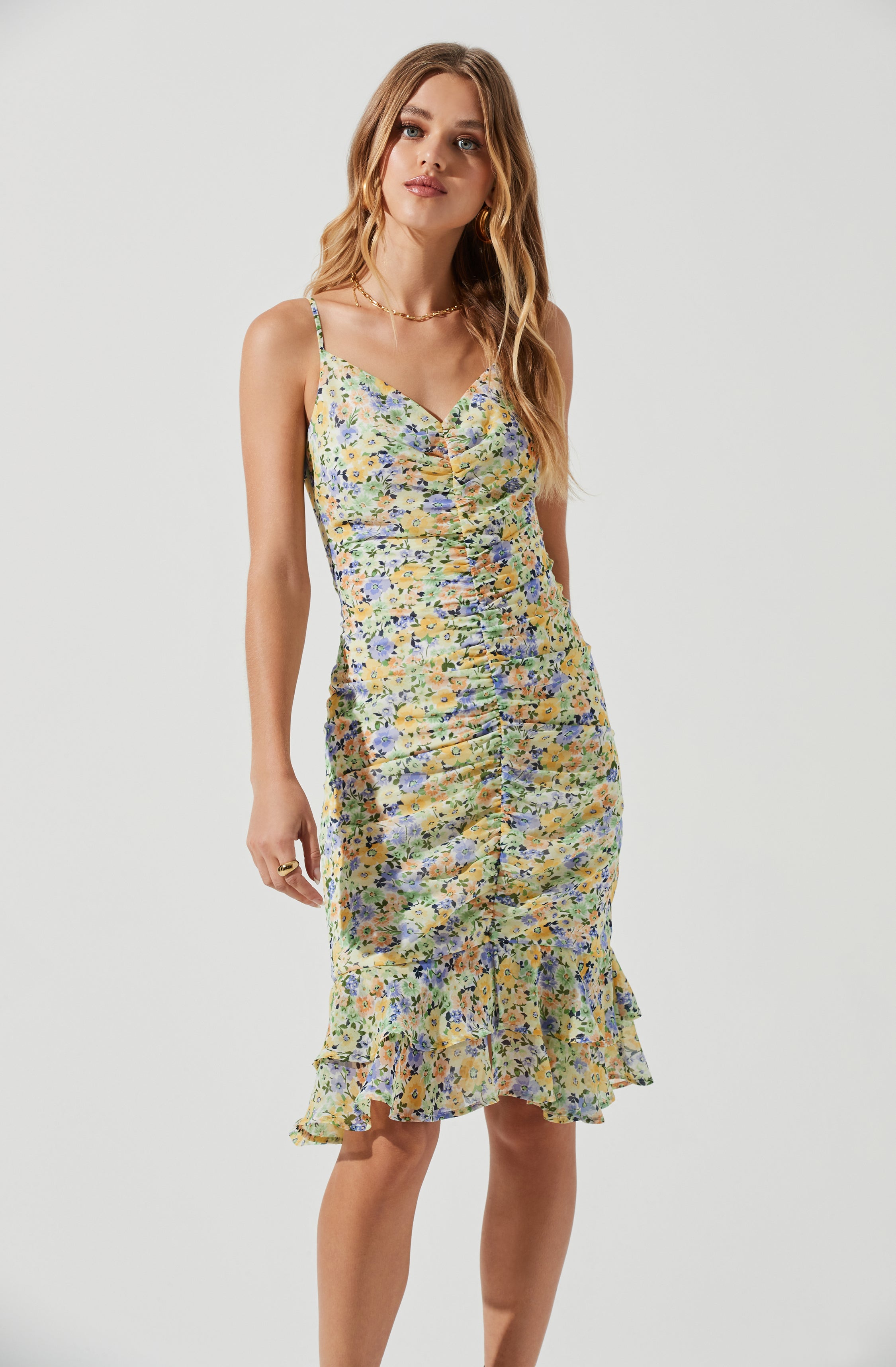 Tawny Floral Ruched Midi Dress-Aljck