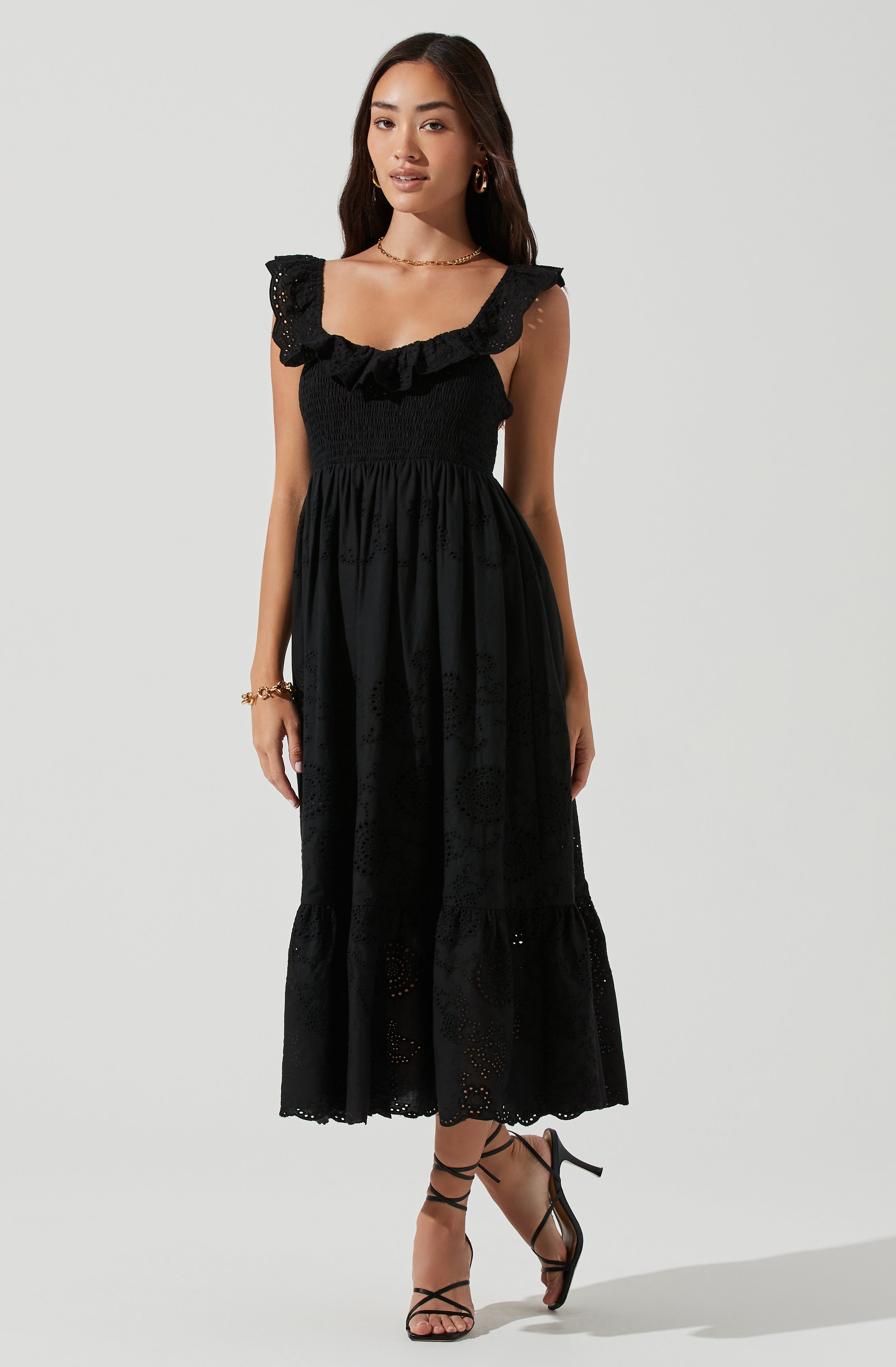 Cottage Eyelet Ruffle Midi Dress-Aljck