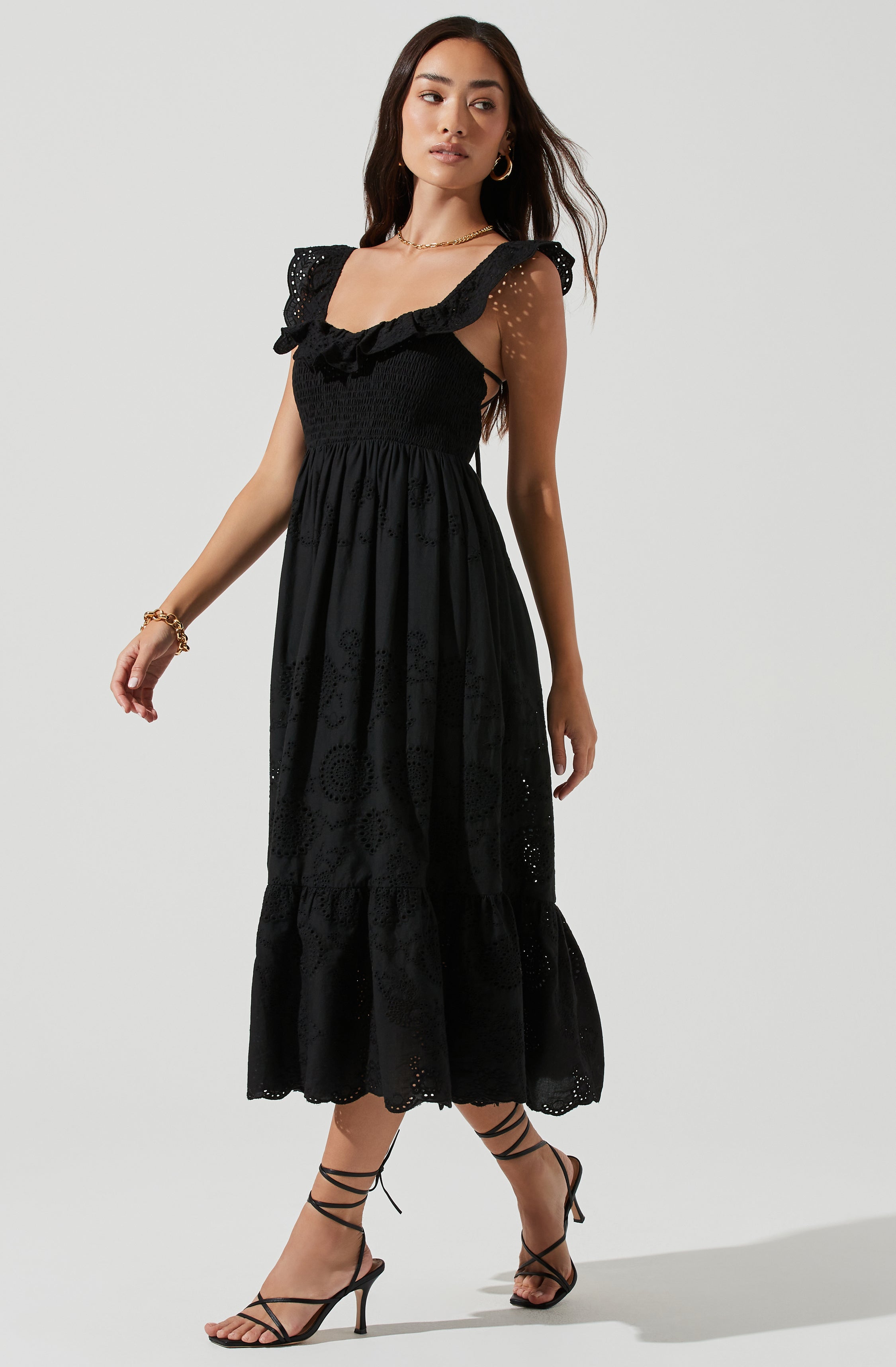 Cottage Eyelet Ruffle Midi Dress-Aljck