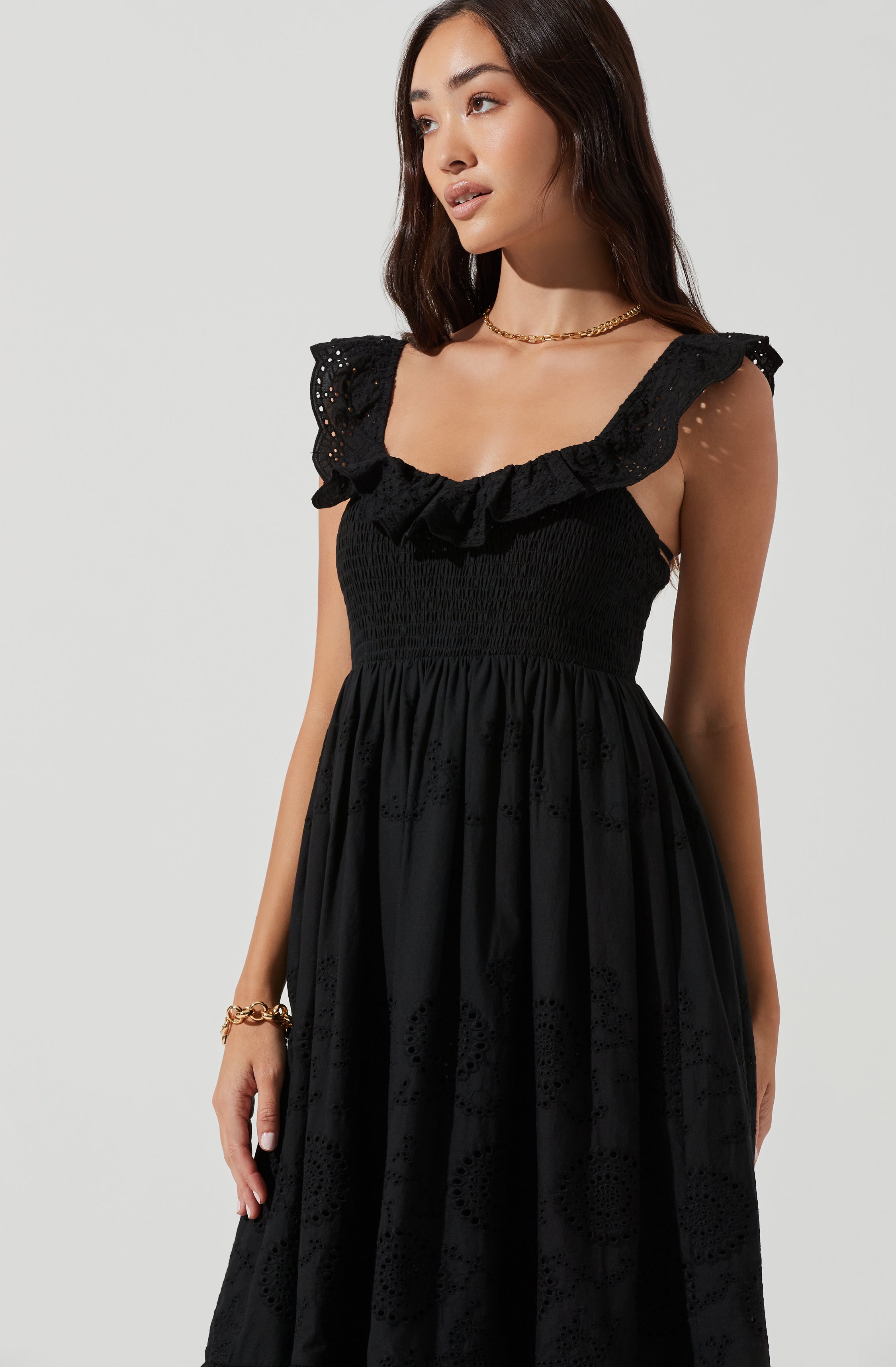 Cottage Eyelet Ruffle Midi Dress-Aljck
