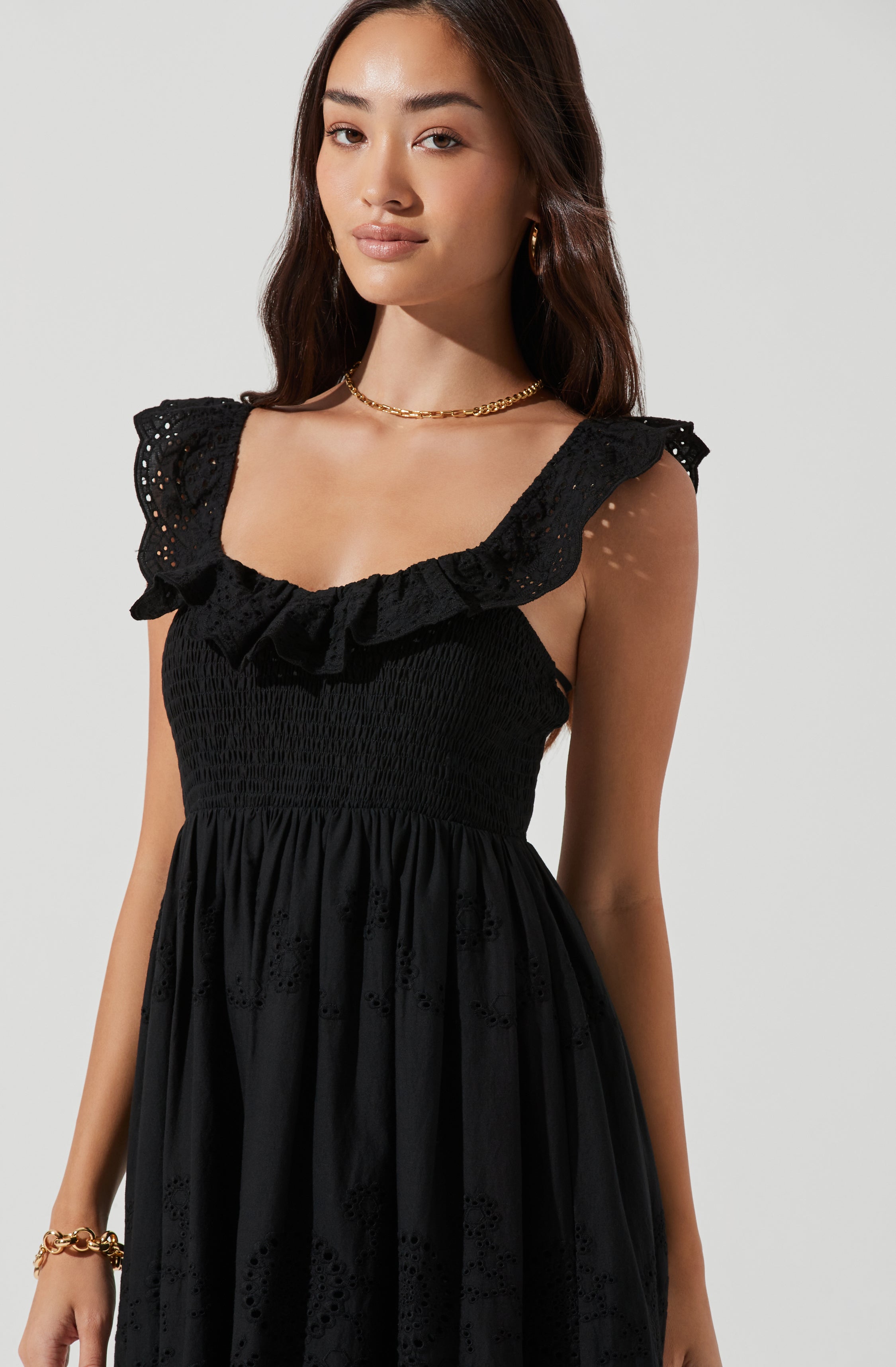 Cottage Eyelet Ruffle Midi Dress-Aljck