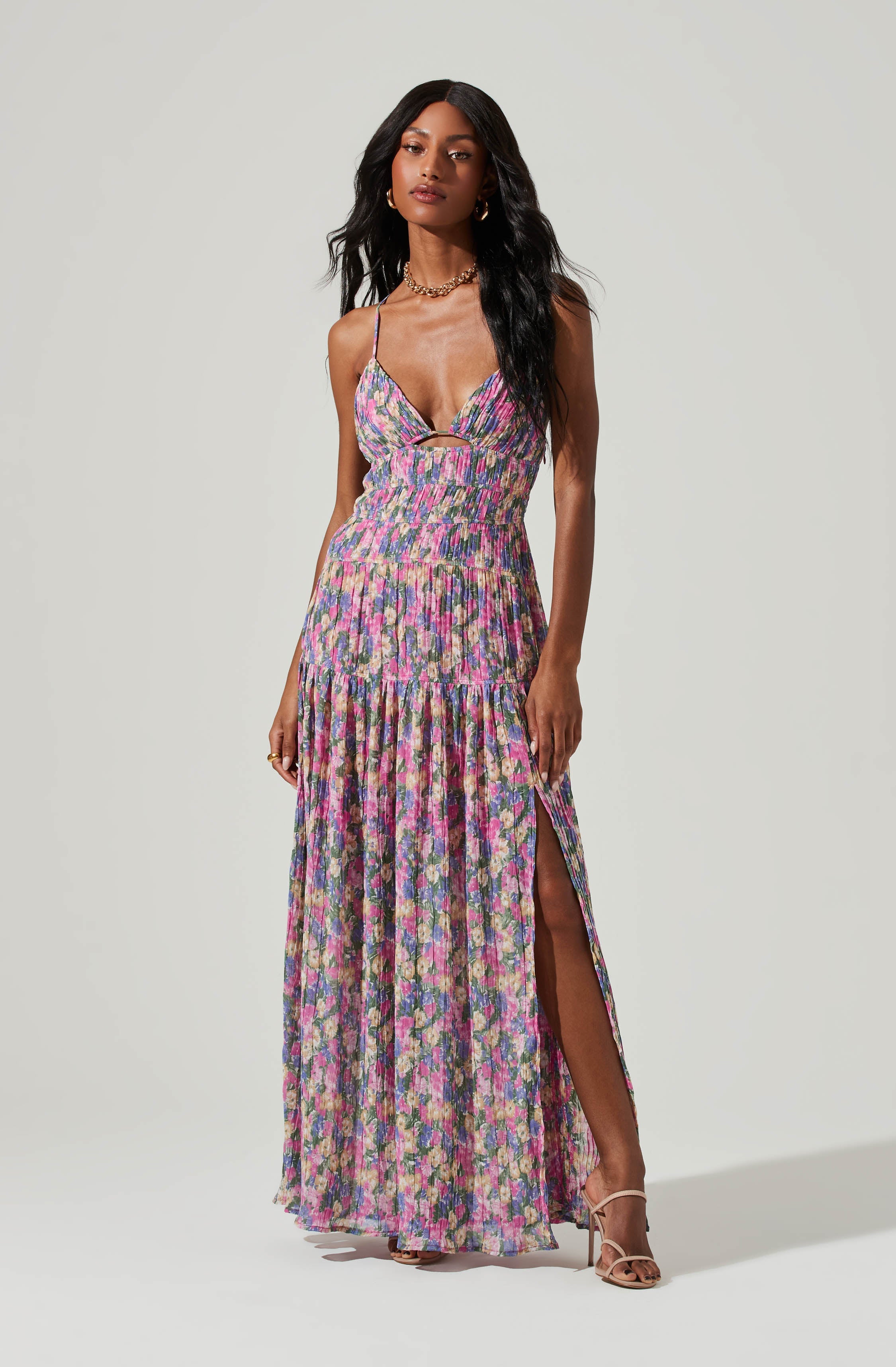 Tropics Plunge Neck Pleated Open Back Maxi Dress-Aljck