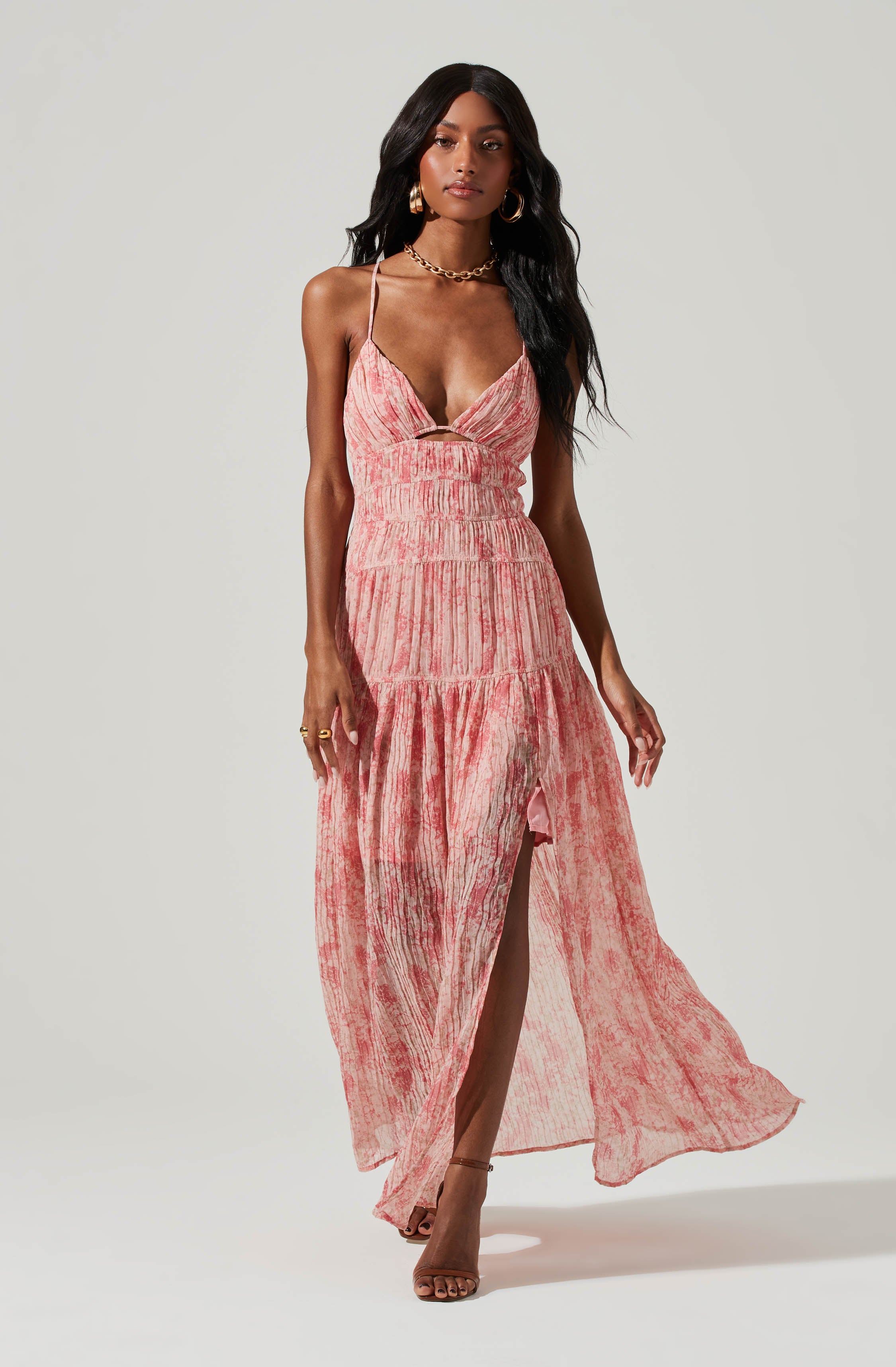 Tropics Plunge Neck Pleated Open Back Maxi Dress-Aljck