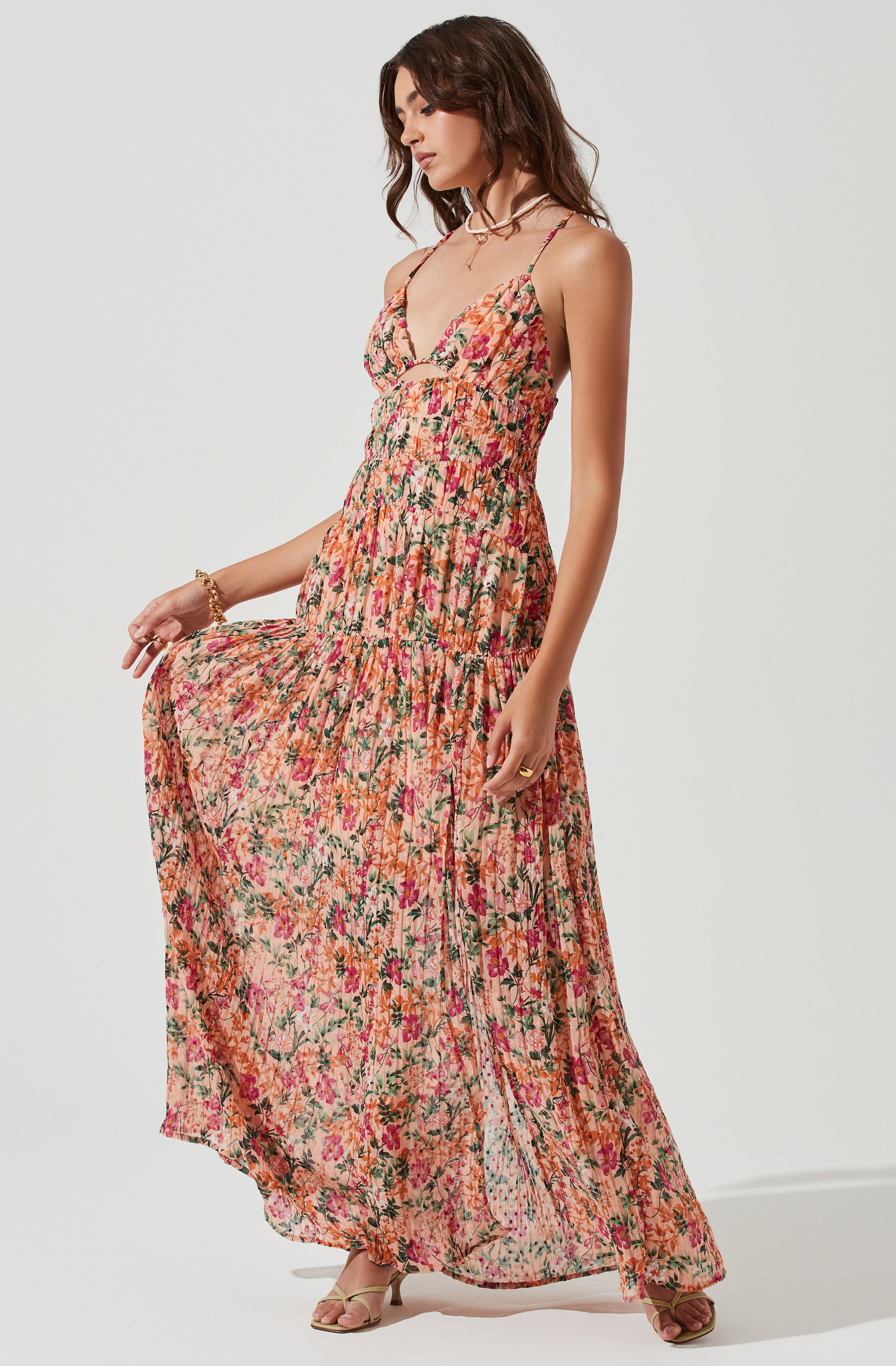 Tropics Plunge Neck Pleated Open Back Maxi Dress-Aljck