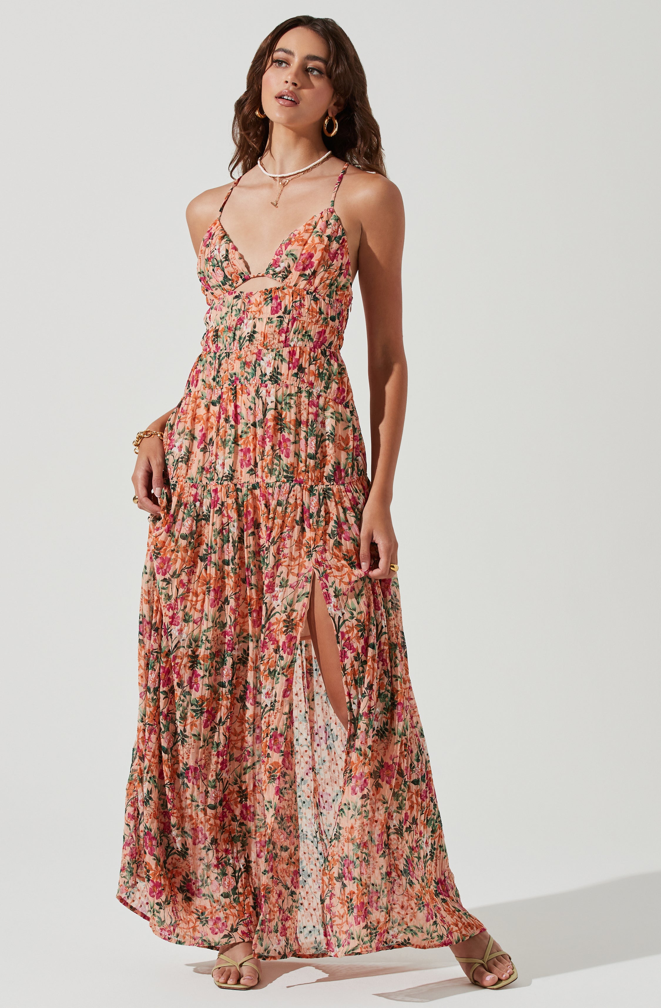 Tropics Plunge Neck Pleated Open Back Maxi Dress-Aljck